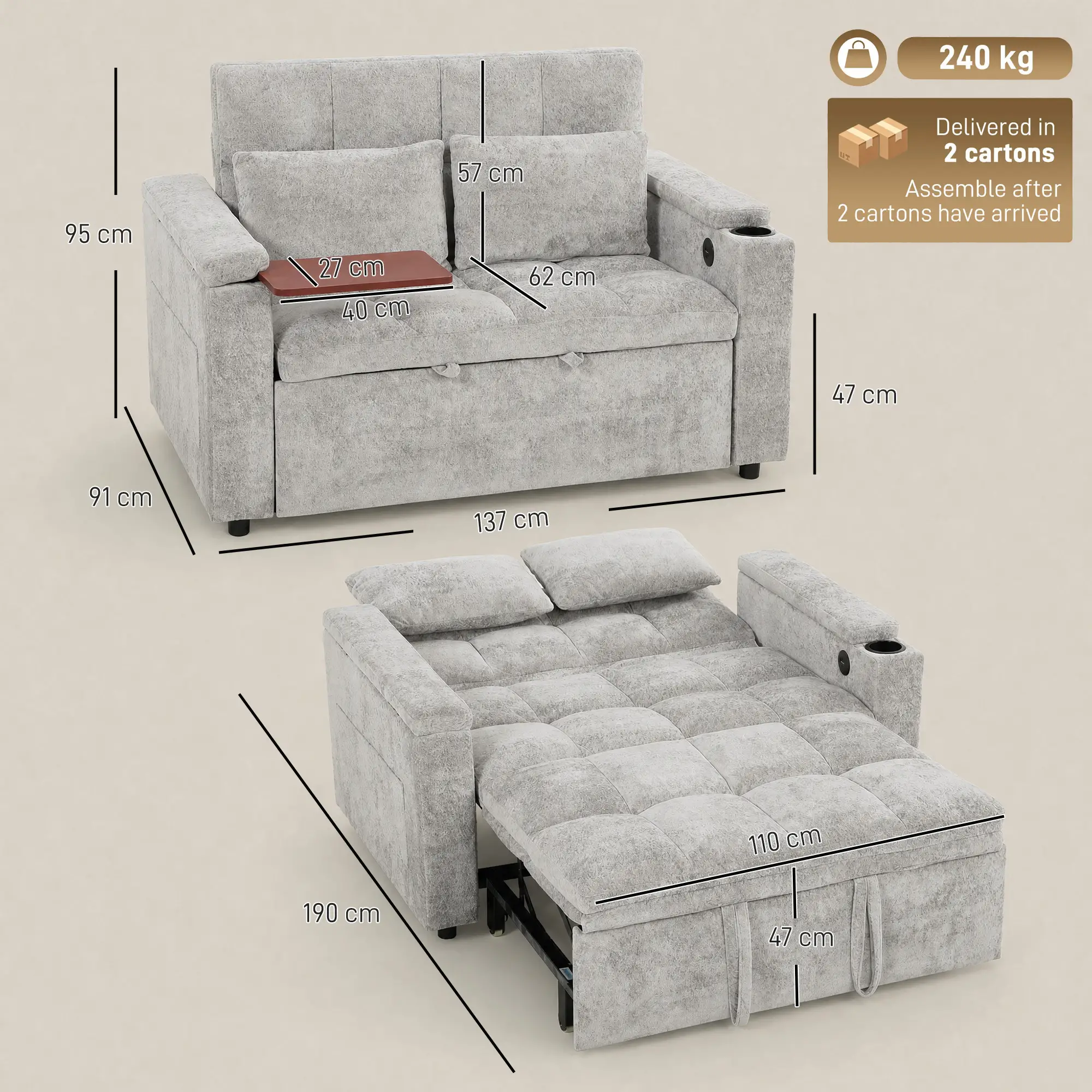 2 Seater Velvet Sofa Bed 137 x 91 x 95cm, Grey - Grey - 3