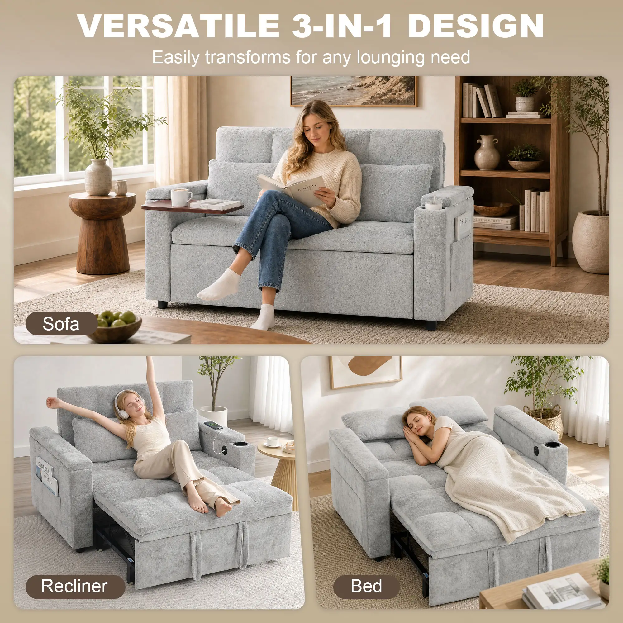 2 Seater Velvet Sofa Bed 137 x 91 x 95cm, Grey - Grey - 4