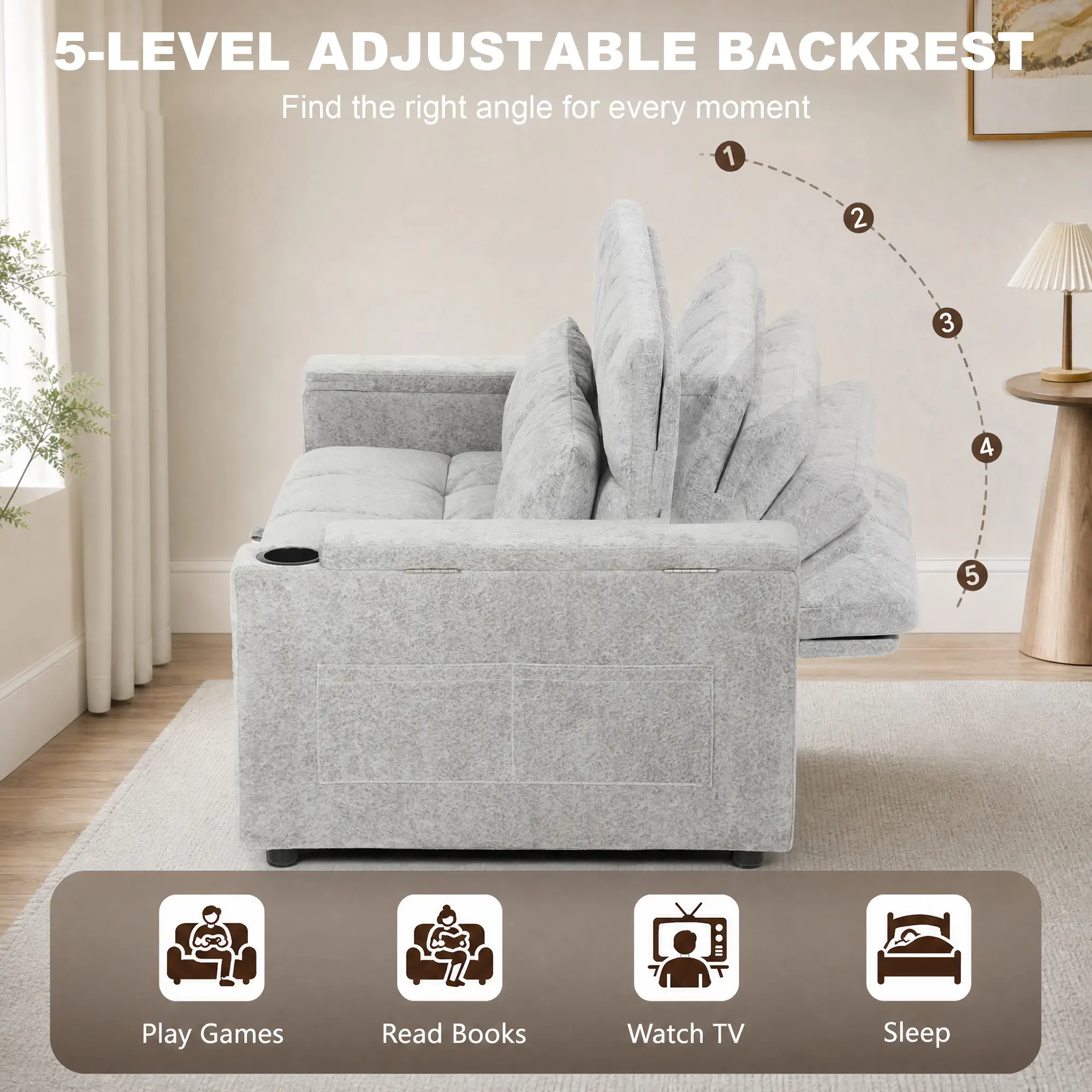 2 Seater Velvet Sofa Bed 137 x 91 x 95cm, Grey - Grey - 5