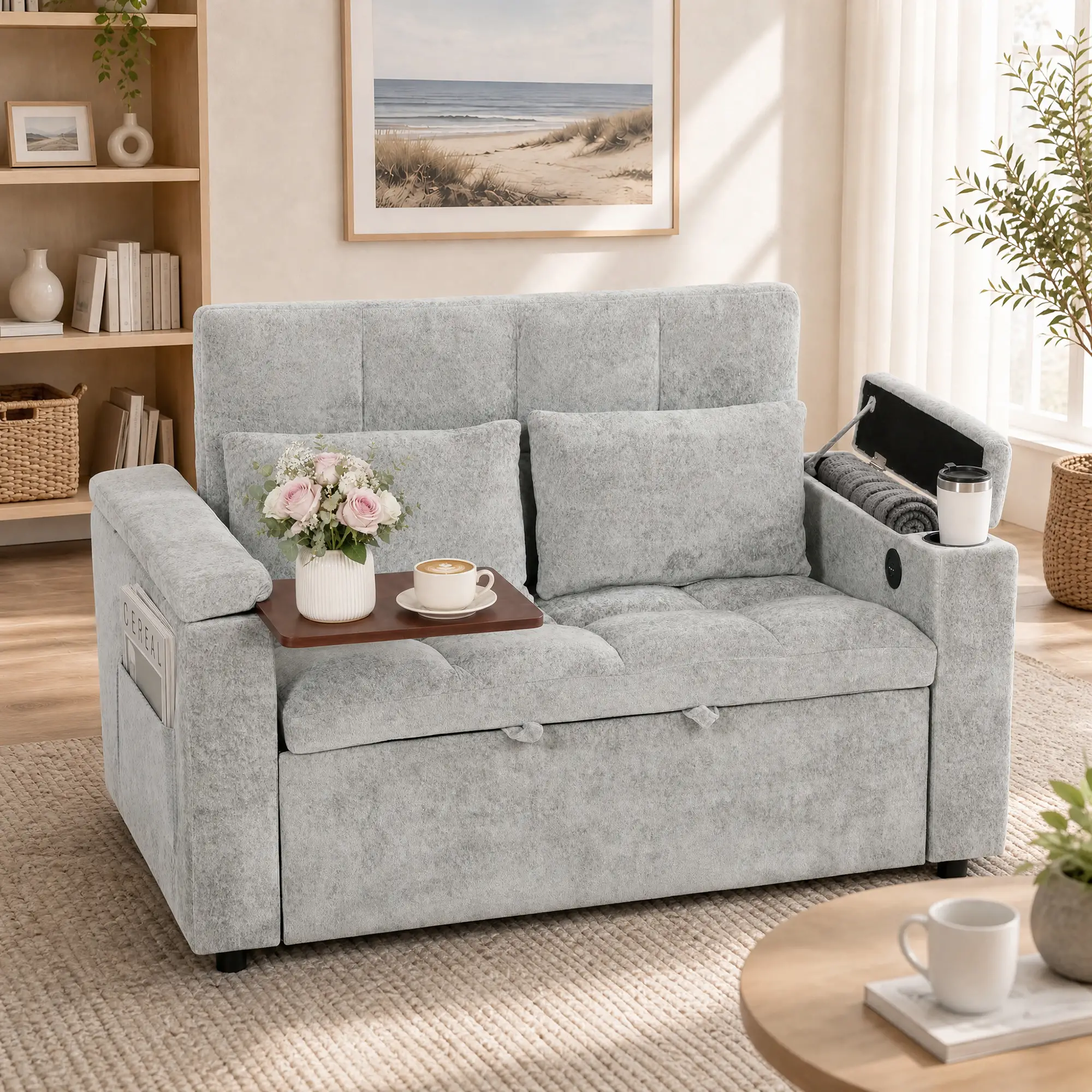2 Seater Velvet Sofa Bed 137 x 91 x 95cm, Grey - Grey - 8