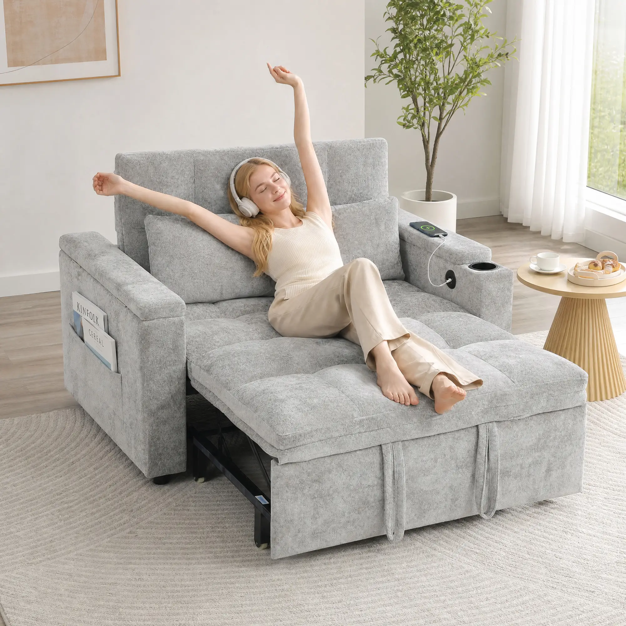 2 Seater Velvet Sofa Bed 137 x 91 x 95cm, Grey - Grey - 9