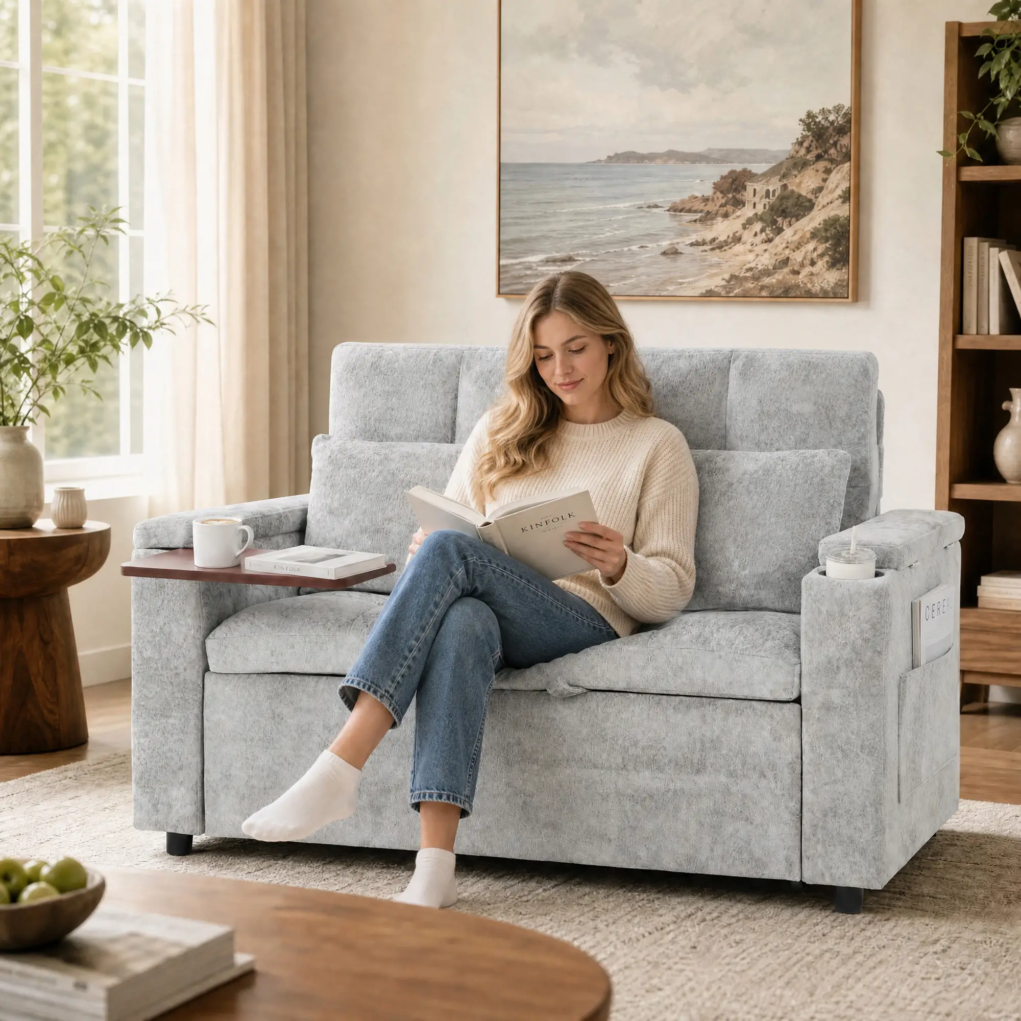 2 Seater Velvet Sofa Bed 137 x 91 x 95cm, Grey - Grey - 14