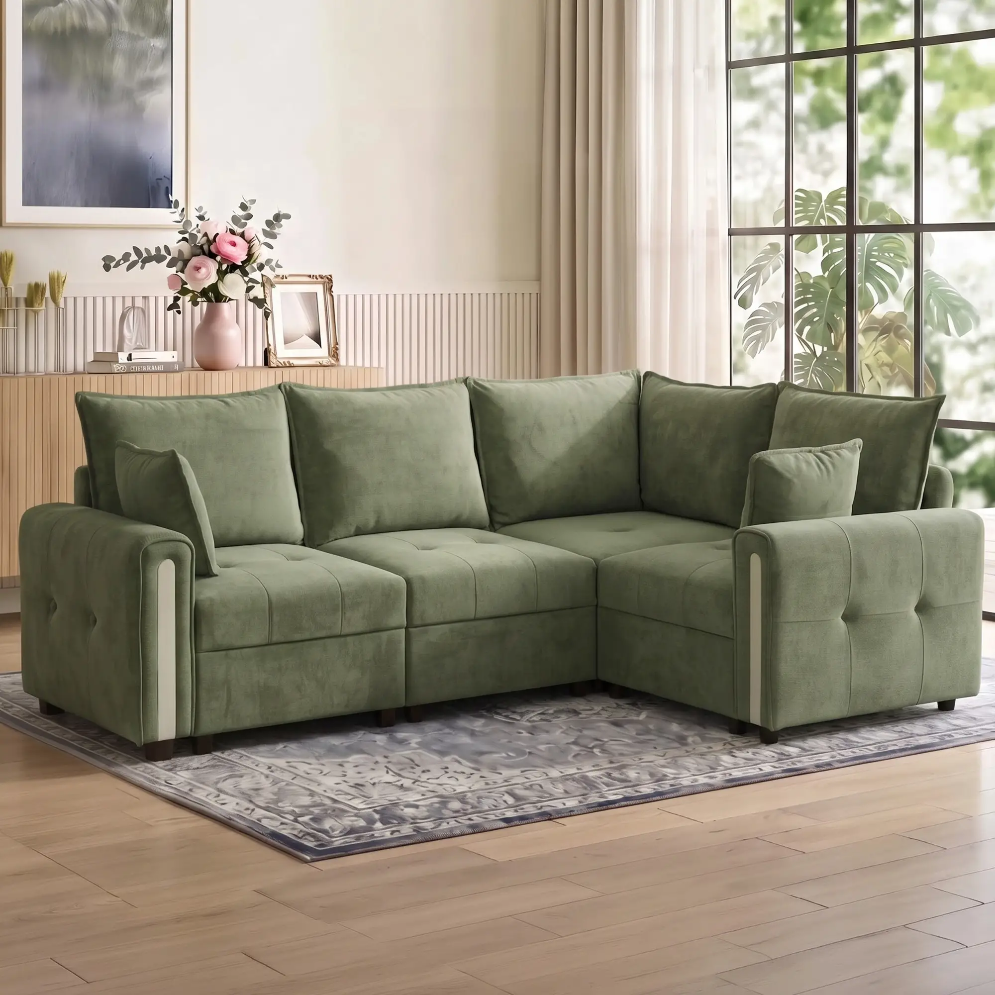 Corner 3 Seater Velvet Sofa 228 x 164 x 88cm - Dark Green, Black - 2