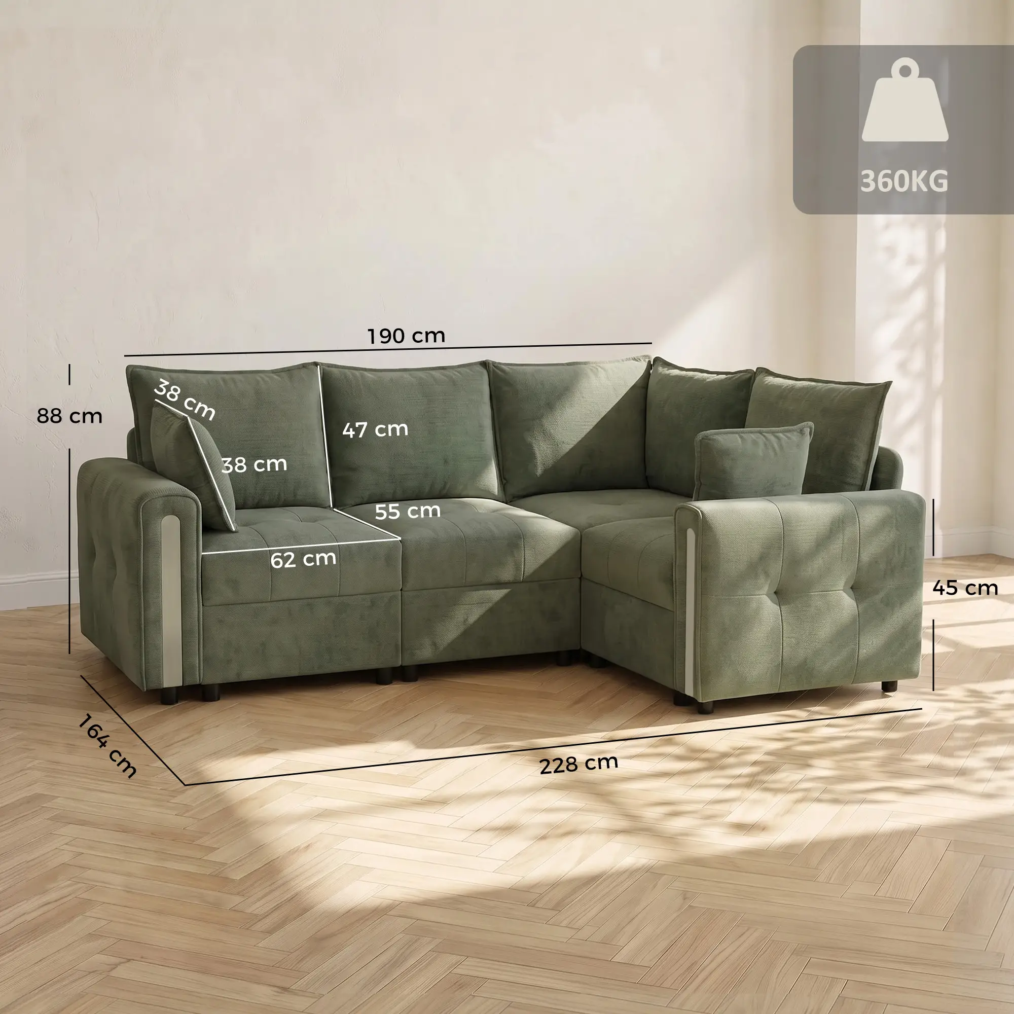 Corner 3 Seater Velvet Sofa 228 x 164 x 88cm - Dark Green, Black - 3