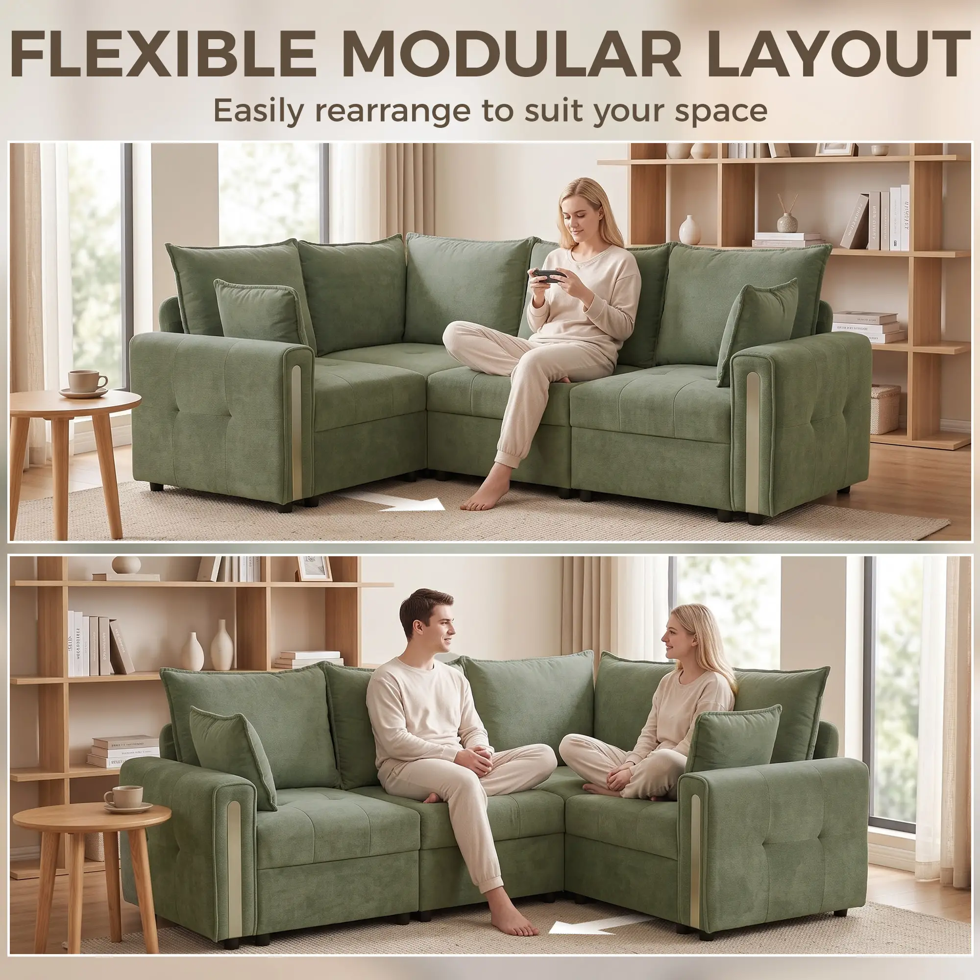 Corner 3 Seater Velvet Sofa 228 x 164 x 88cm - Dark Green, Black - 4