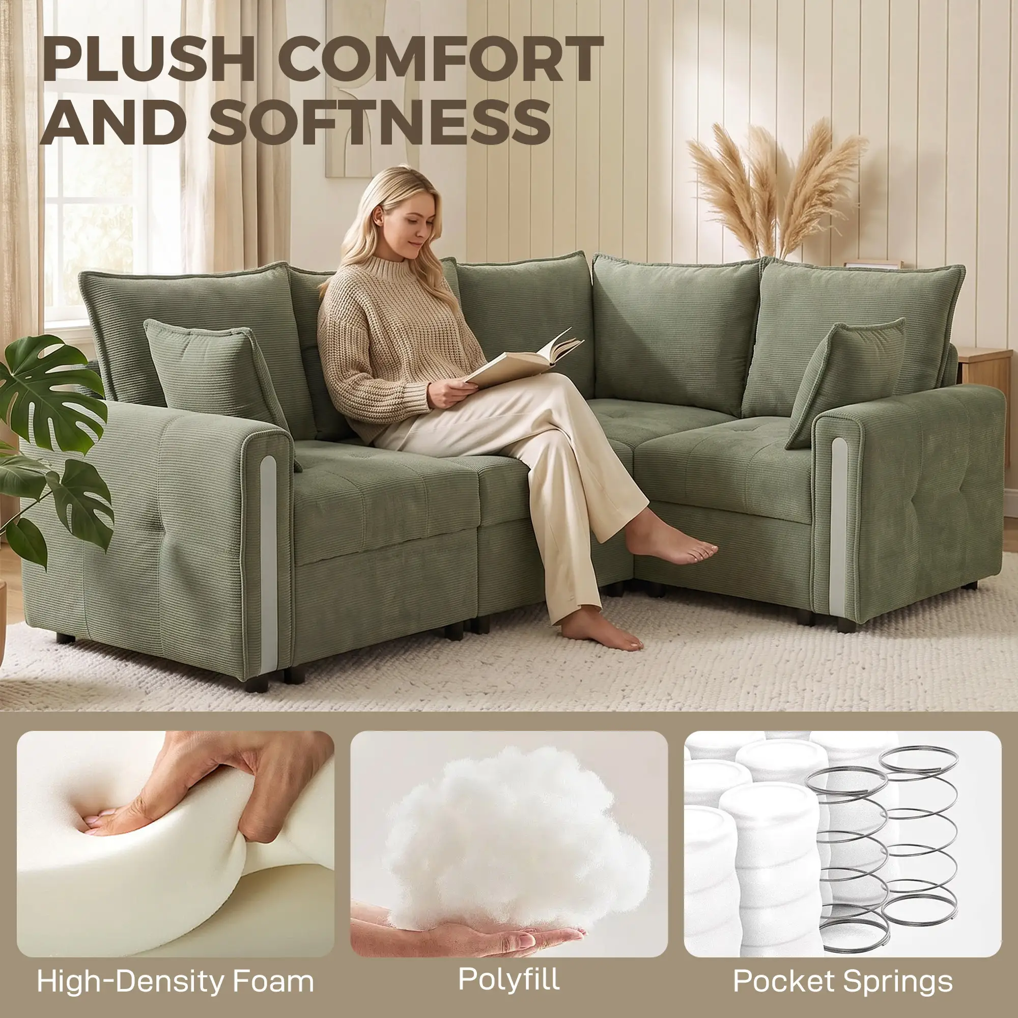 Corner 3 Seater Velvet Sofa 228 x 164 x 88cm - Dark Green, Black - 5