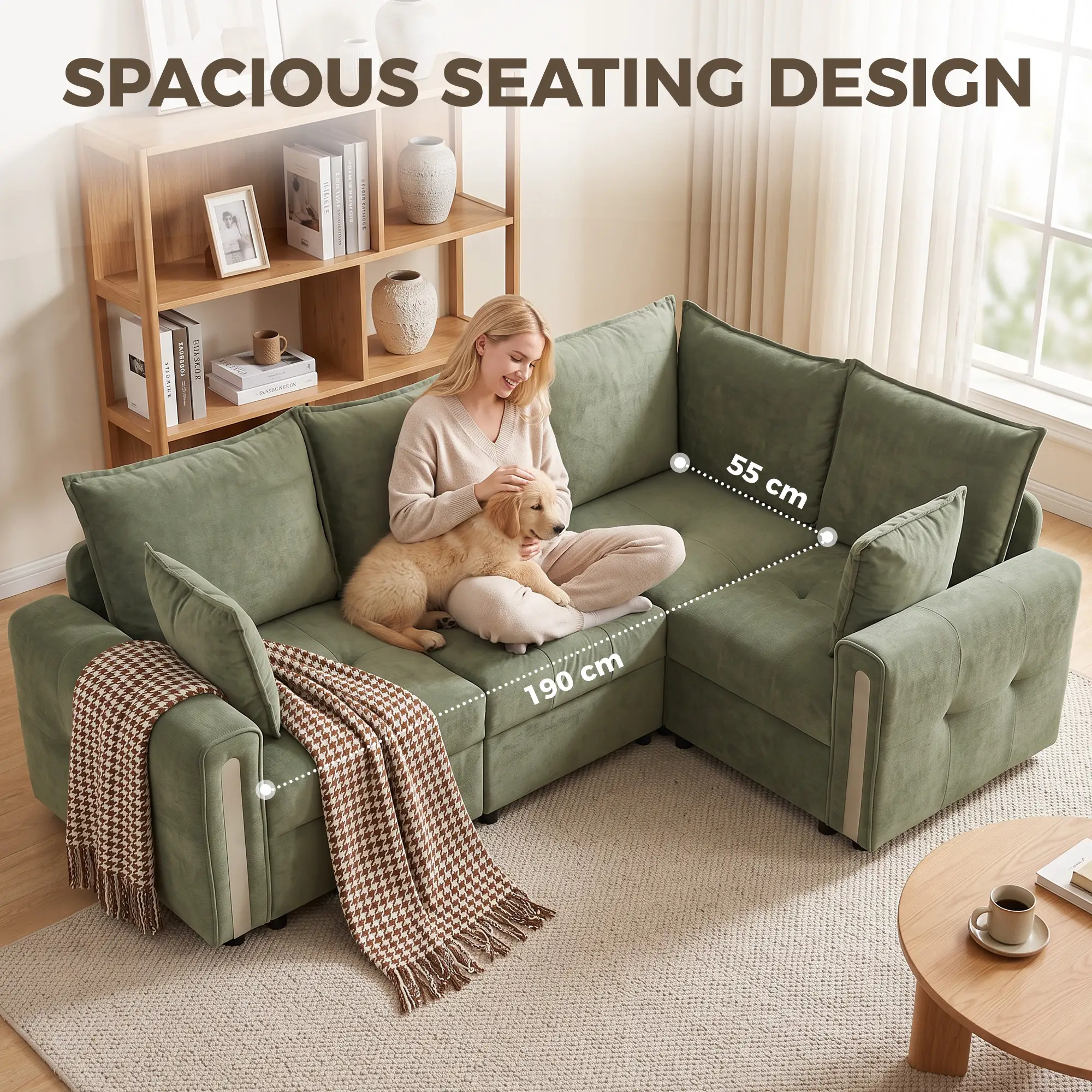 Corner 3 Seater Velvet Sofa 228 x 164 x 88cm - Dark Green, Black - 7