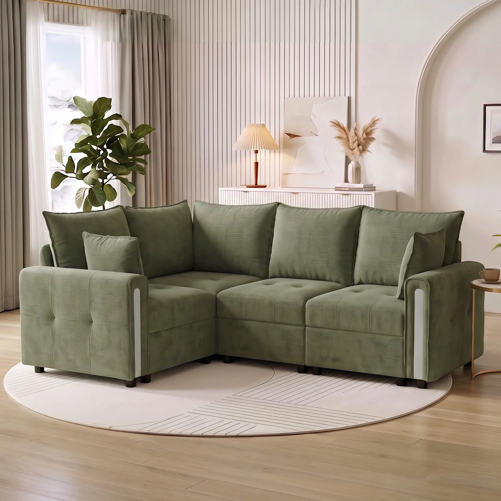 Corner 3 Seater Velvet Sofa 228 x 164 x 88cm - Dark Green, Black - 9