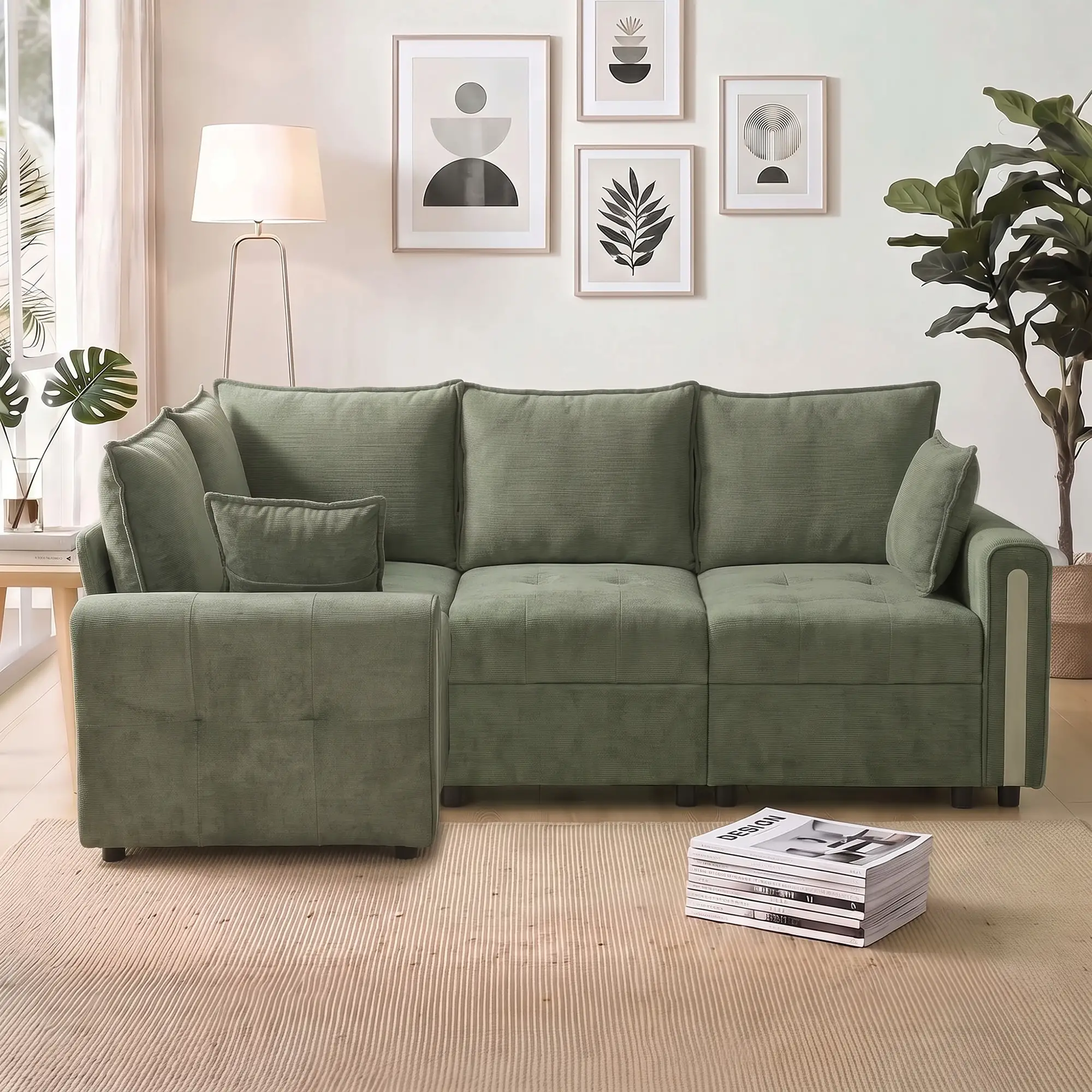 Corner 3 Seater Velvet Sofa 228 x 164 x 88cm - Dark Green, Black - 14