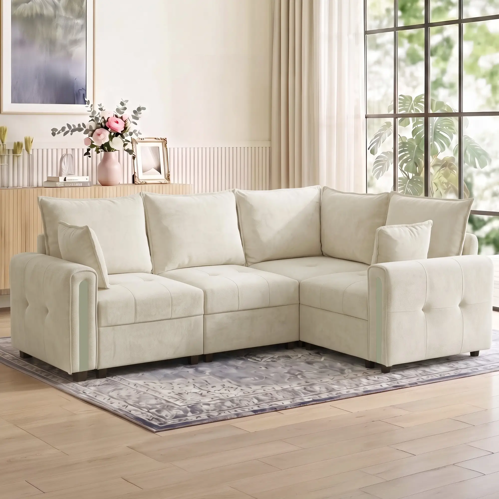 Corner 3 Seater Velvet Sofa 228 x 164 x 88cm - Beige, Black - 2
