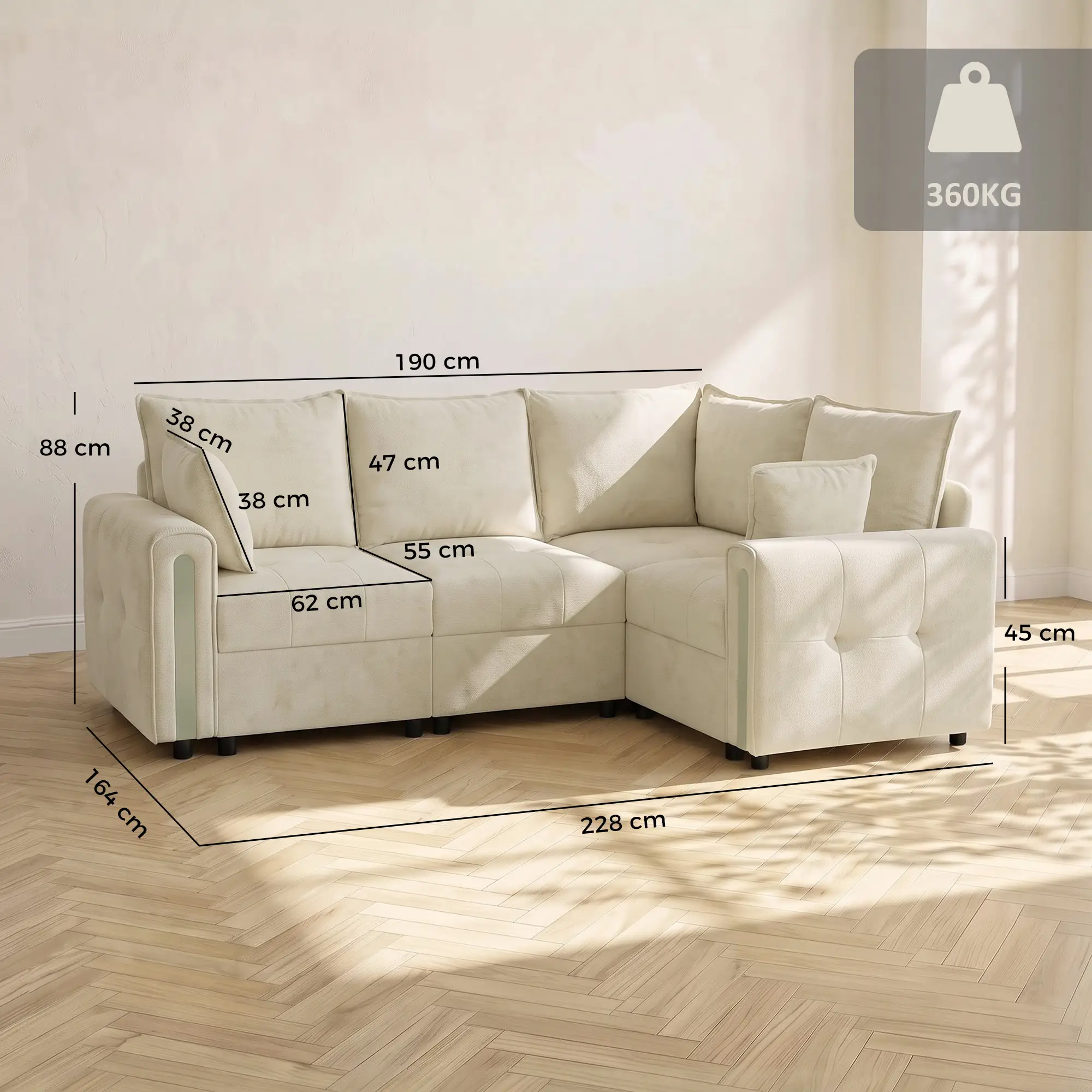 Corner 3 Seater Velvet Sofa 228 x 164 x 88cm - Beige, Black - 3