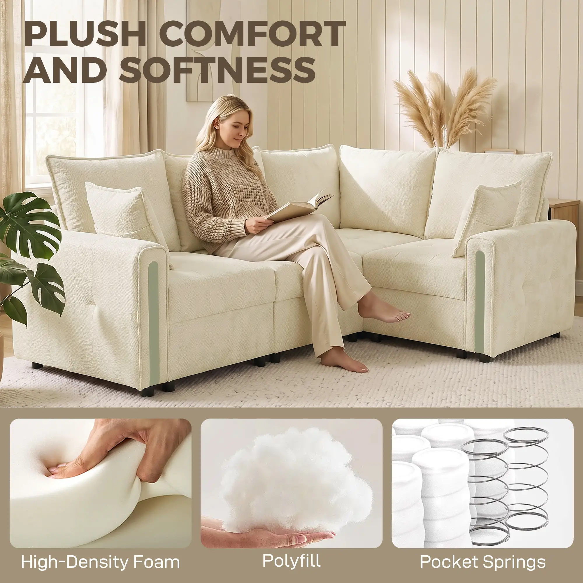Corner 3 Seater Velvet Sofa 228 x 164 x 88cm - Beige, Black - 5