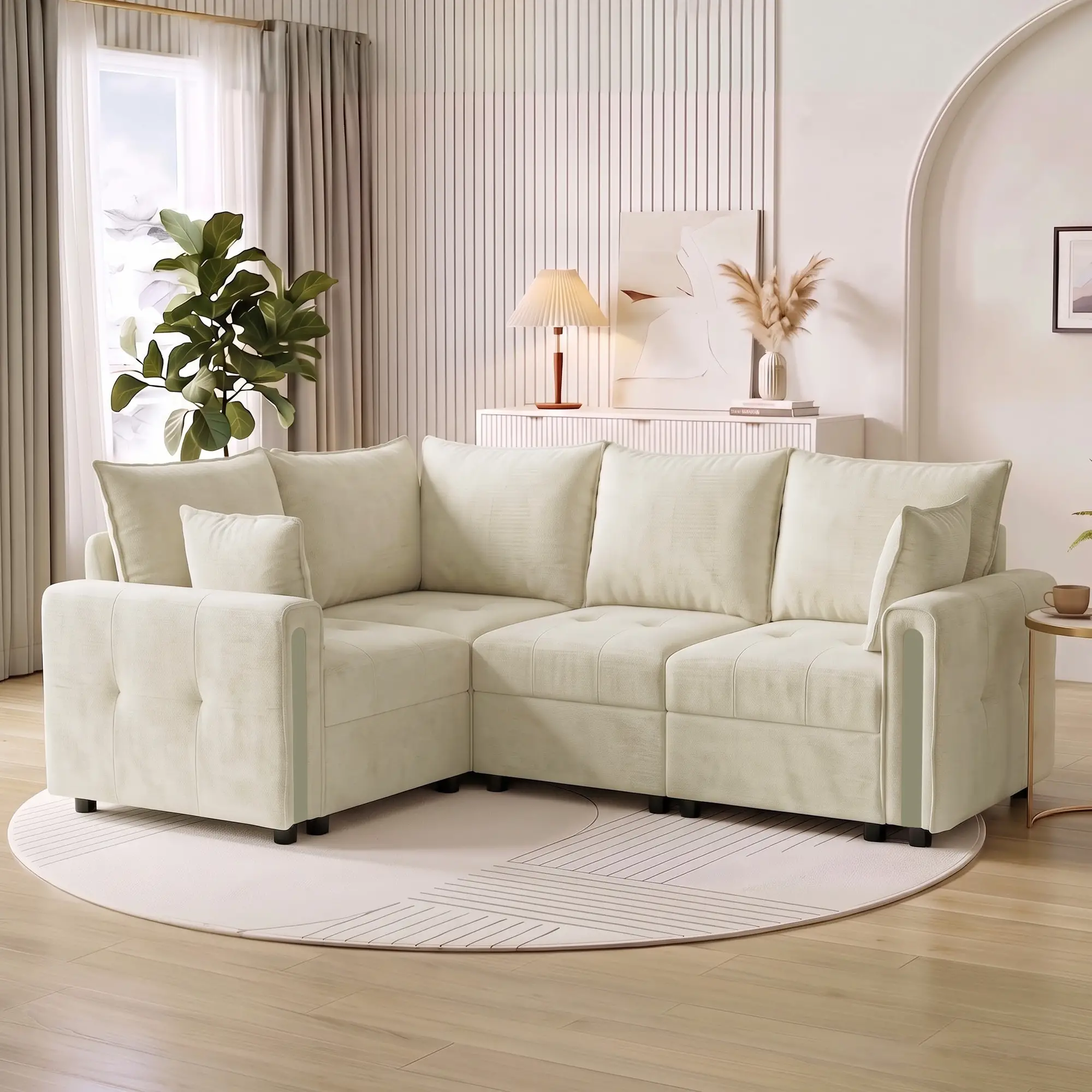 Corner 3 Seater Velvet Sofa 228 x 164 x 88cm - Beige, Black - 9