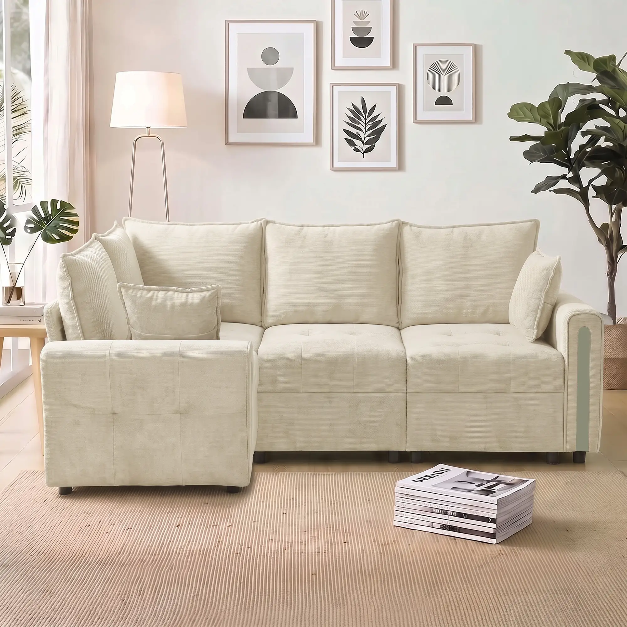 Corner 3 Seater Velvet Sofa 228 x 164 x 88cm - Beige, Black - 14