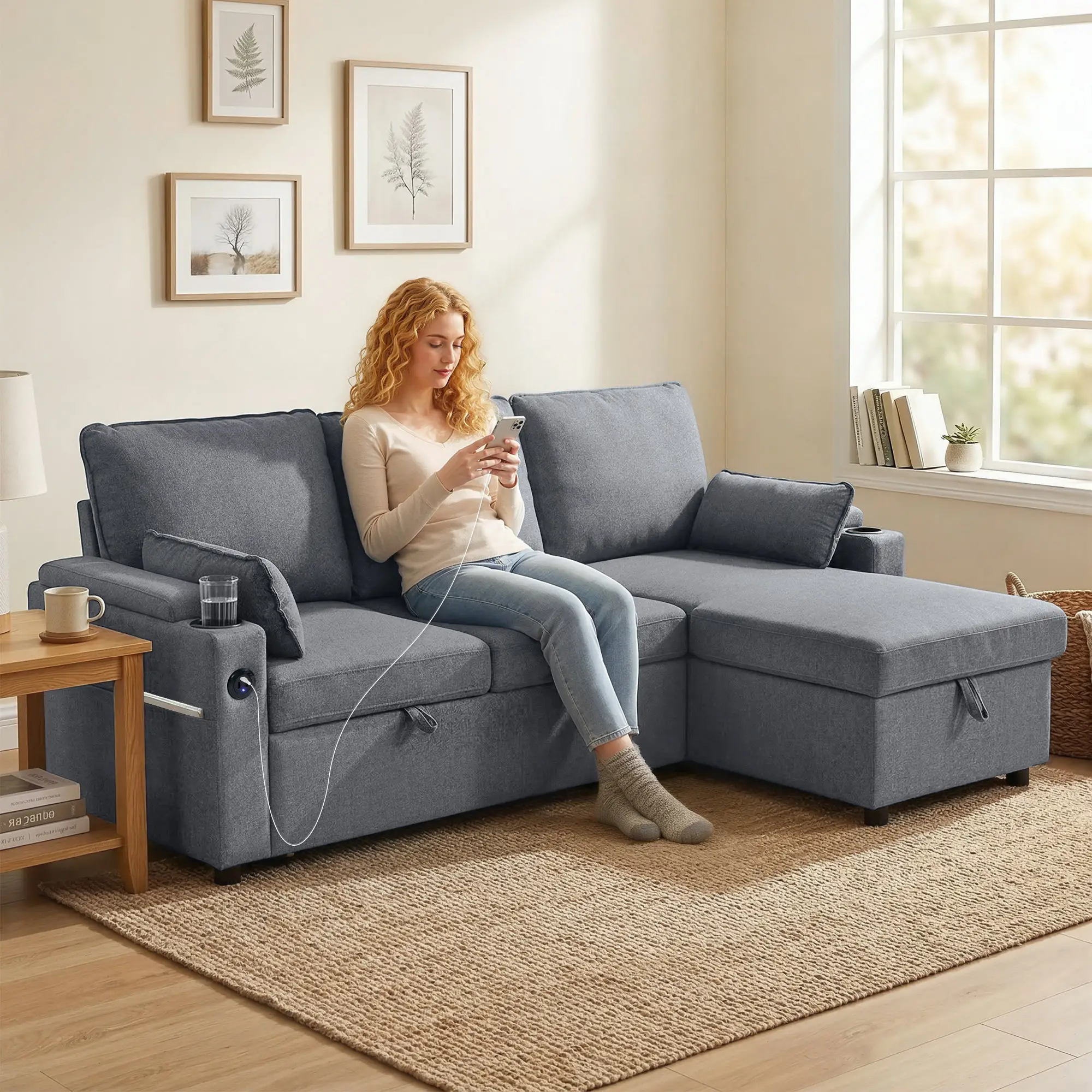 Corner Linen Sofa Bed 205 x 136.5 x 85cm - Grey - 2