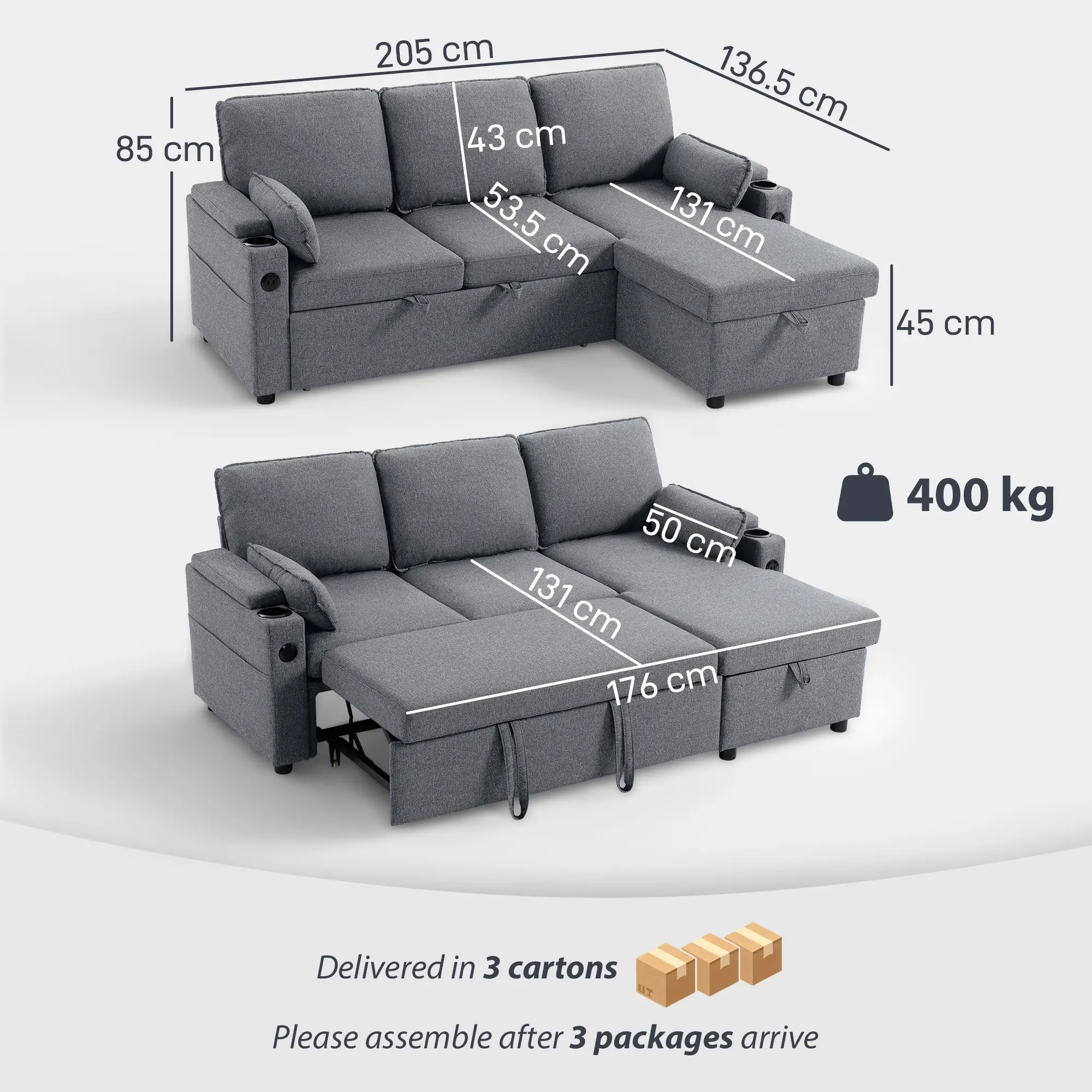 Corner Linen Sofa Bed 205 x 136.5 x 85cm - Grey - 3