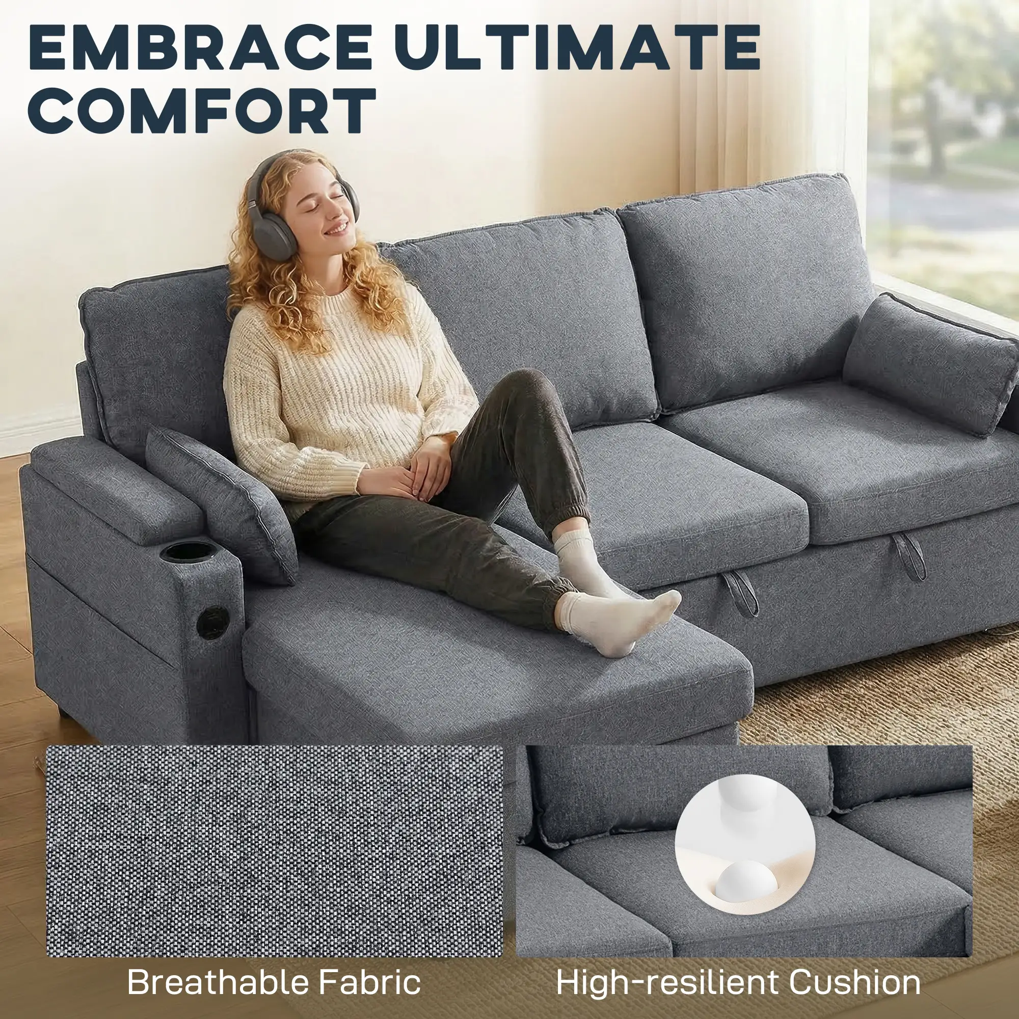 Corner Linen Sofa Bed 205 x 136.5 x 85cm - Grey - 4