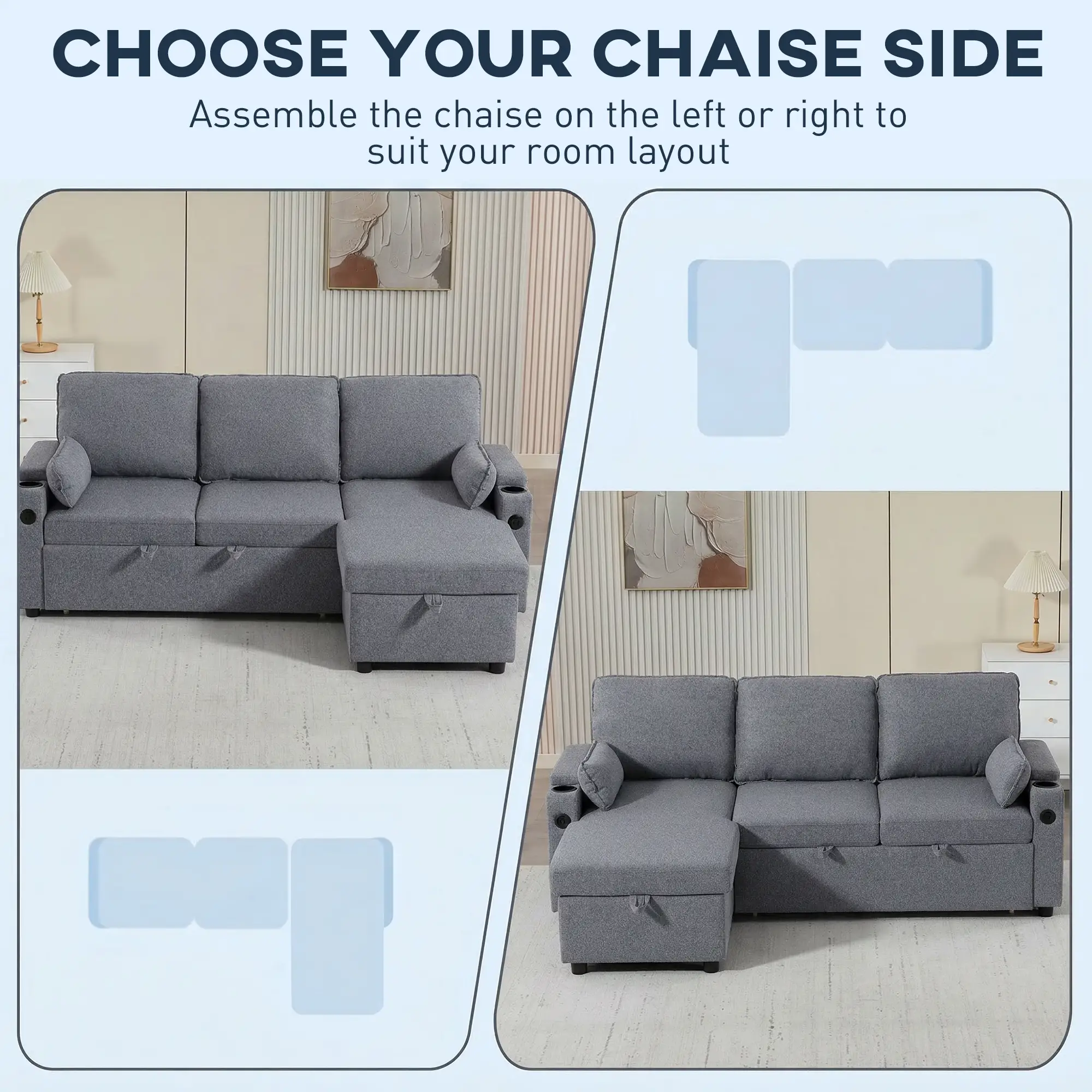 Corner Linen Sofa Bed 205 x 136.5 x 85cm - Grey - 5