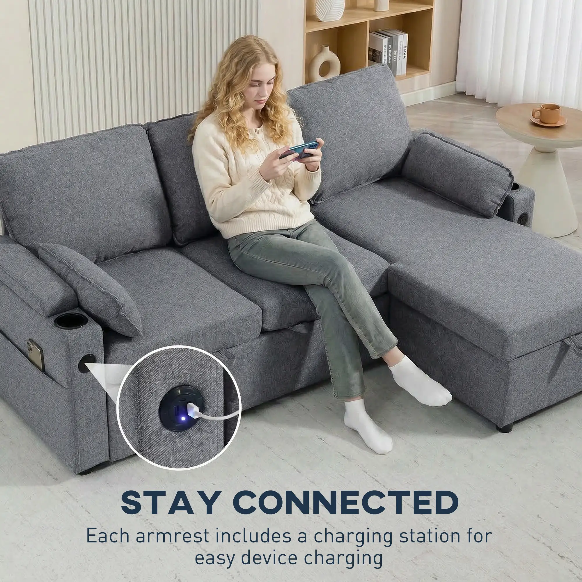 Corner Linen Sofa Bed 205 x 136.5 x 85cm - Grey - 8