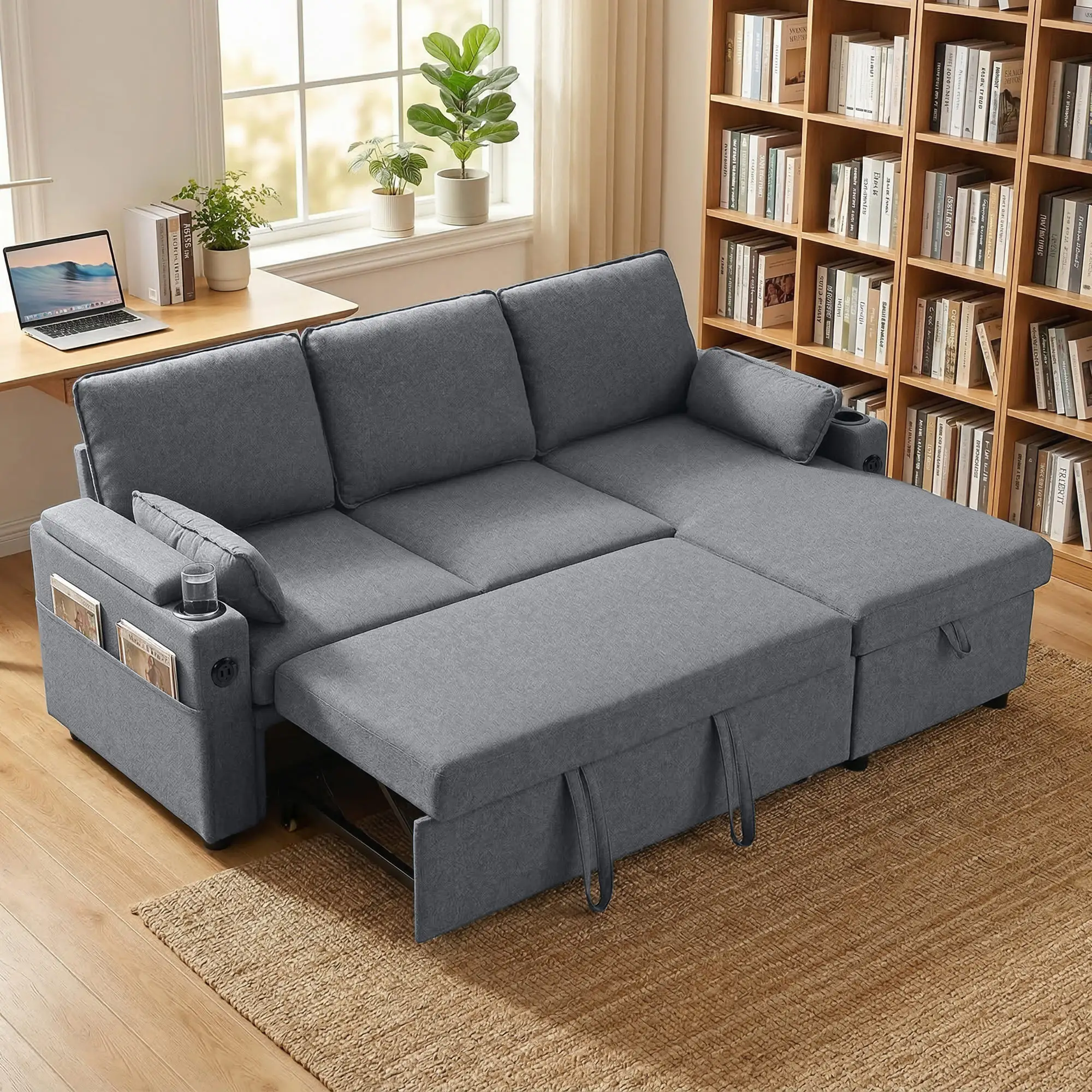 Corner Linen Sofa Bed 205 x 136.5 x 85cm - Grey - 10