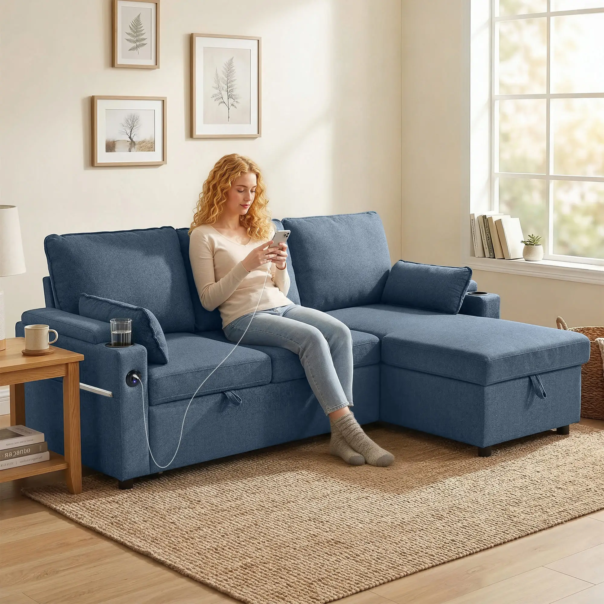 Corner Linen Sofa Bed 205 x 136.5 x 85cm - Blue - 2