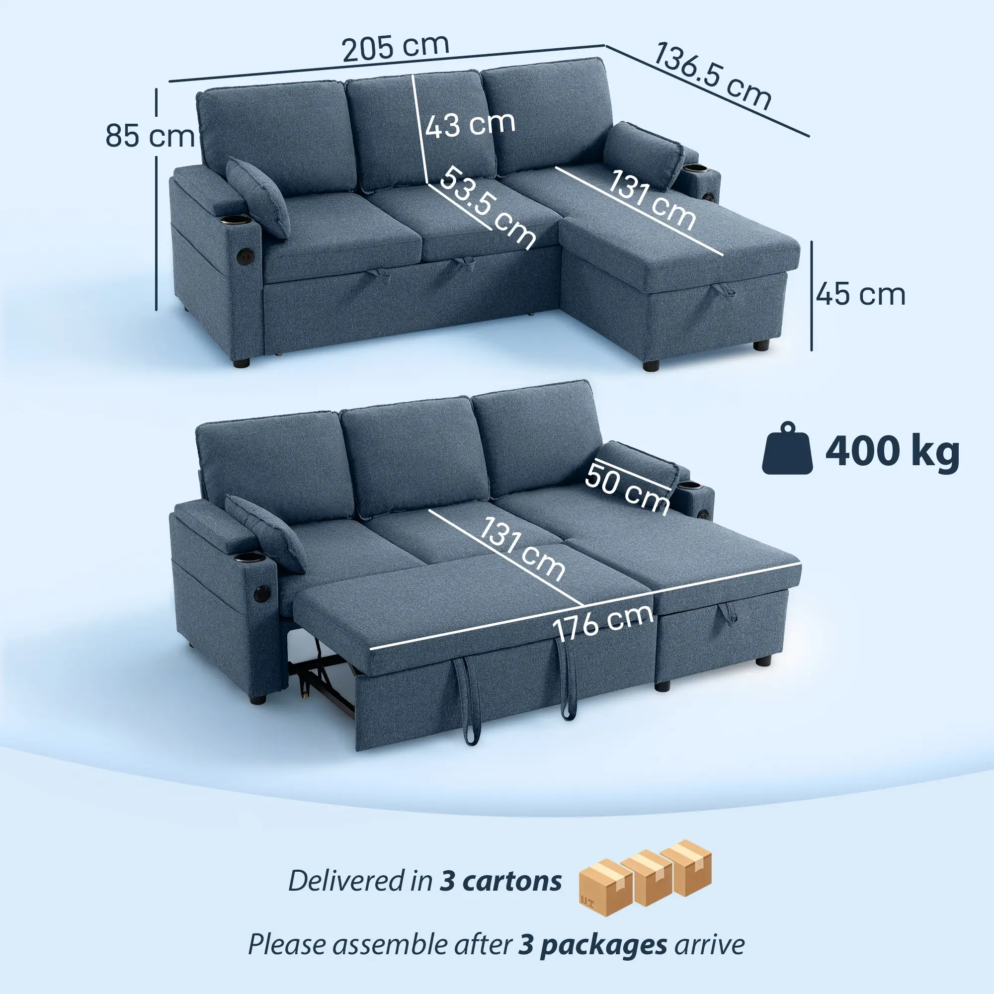Corner Linen Sofa Bed 205 x 136.5 x 85cm - Blue - 3