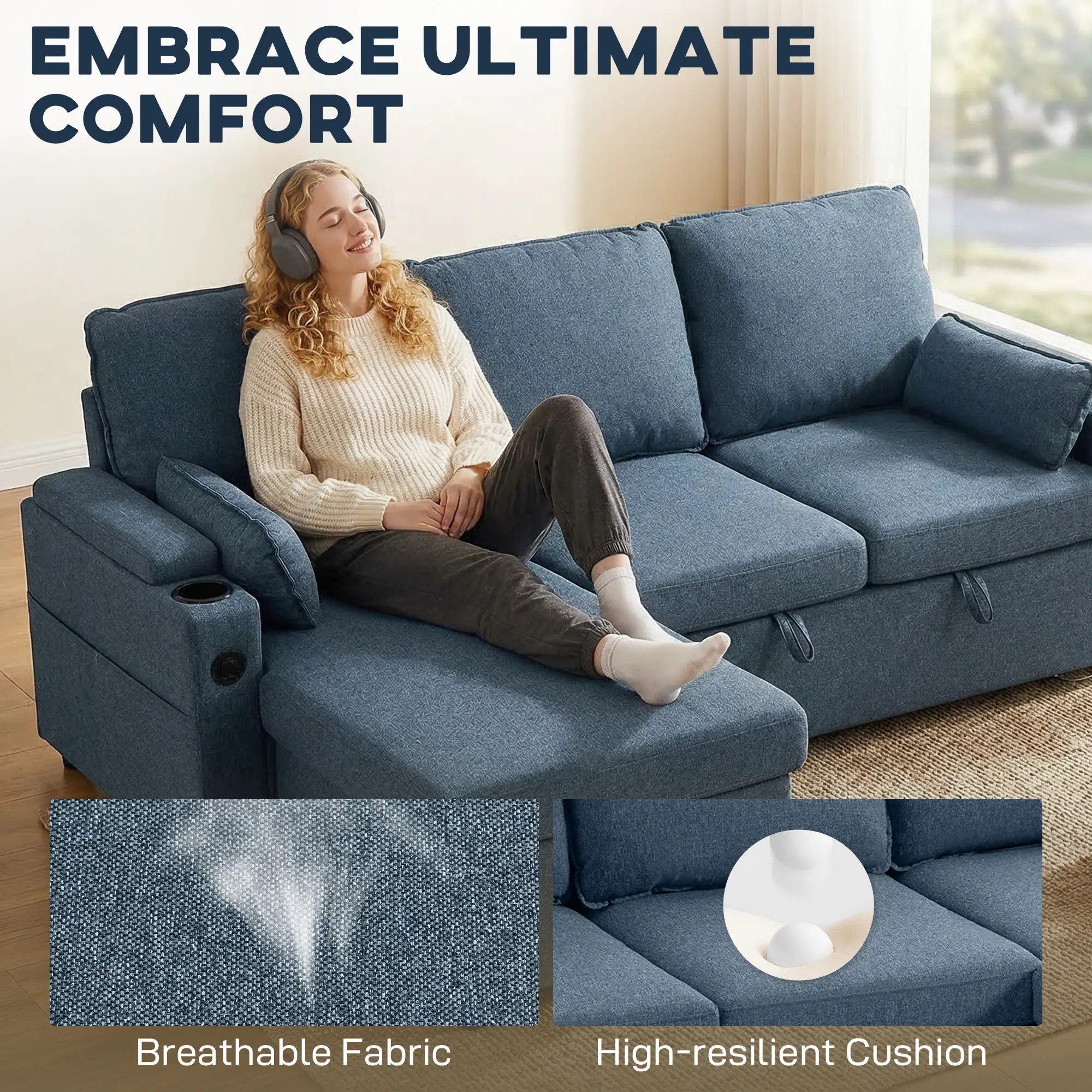 Corner Linen Sofa Bed 205 x 136.5 x 85cm - Blue - 4