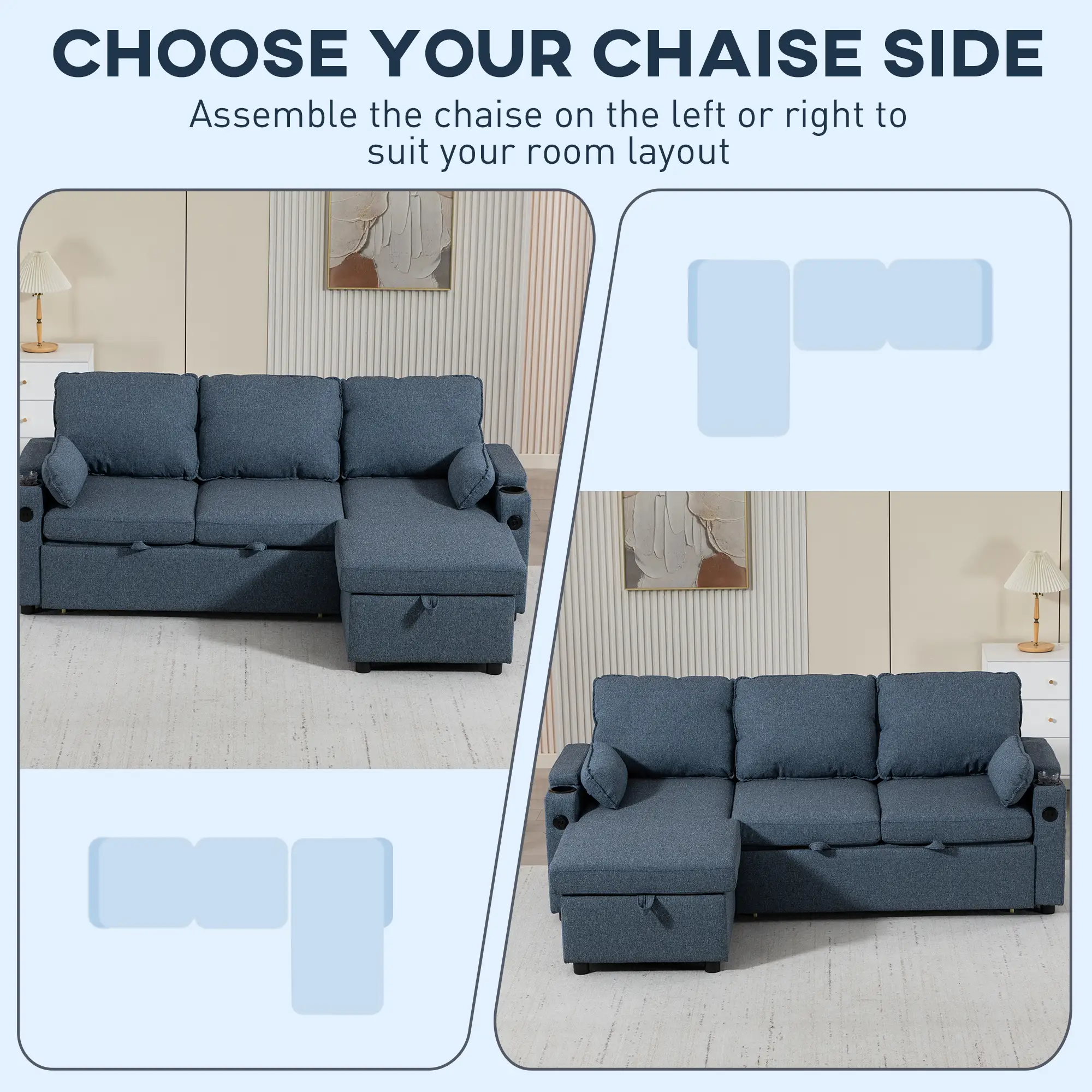 Corner Linen Sofa Bed 205 x 136.5 x 85cm - Blue - 5