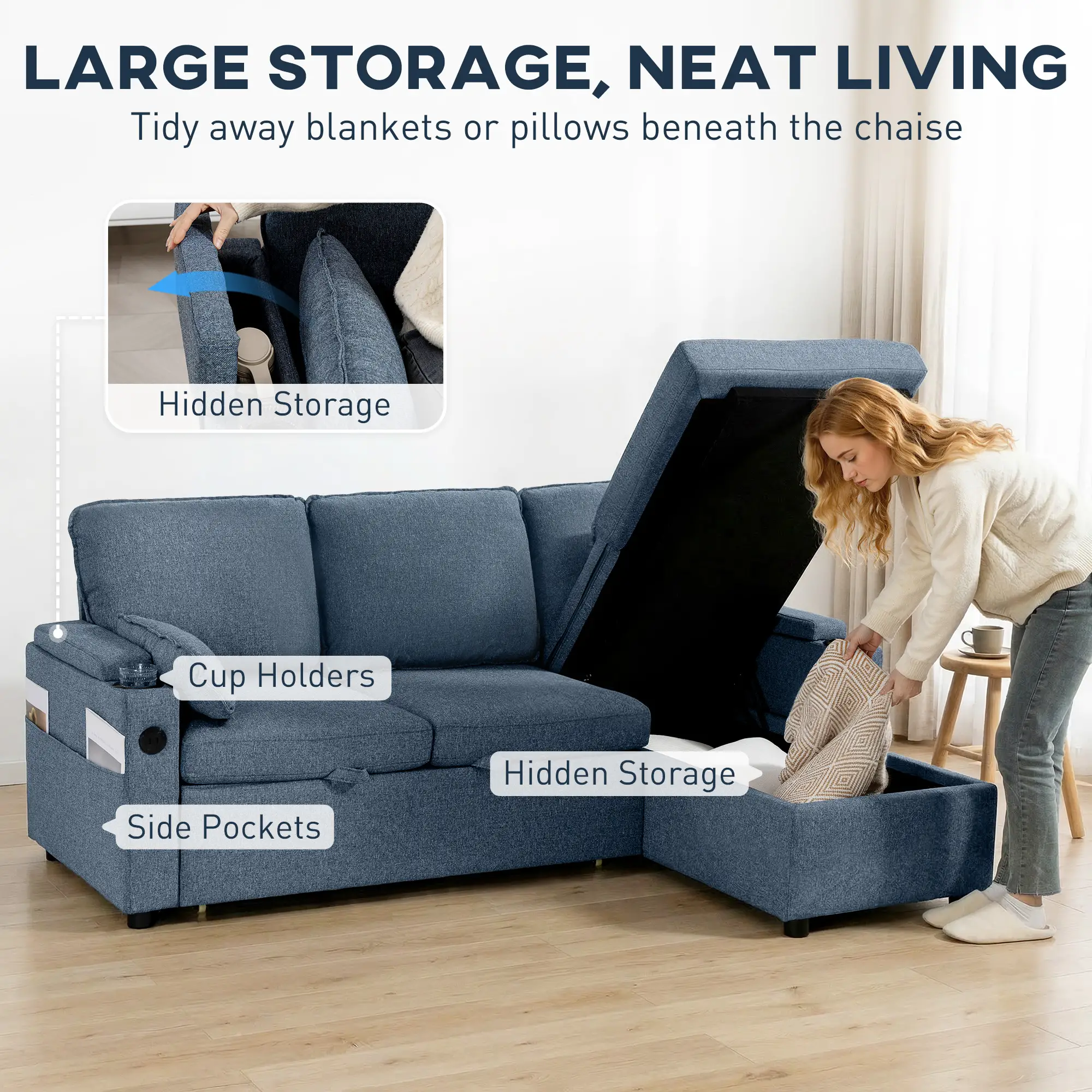 Corner Linen Sofa Bed 205 x 136.5 x 85cm - Blue - 7