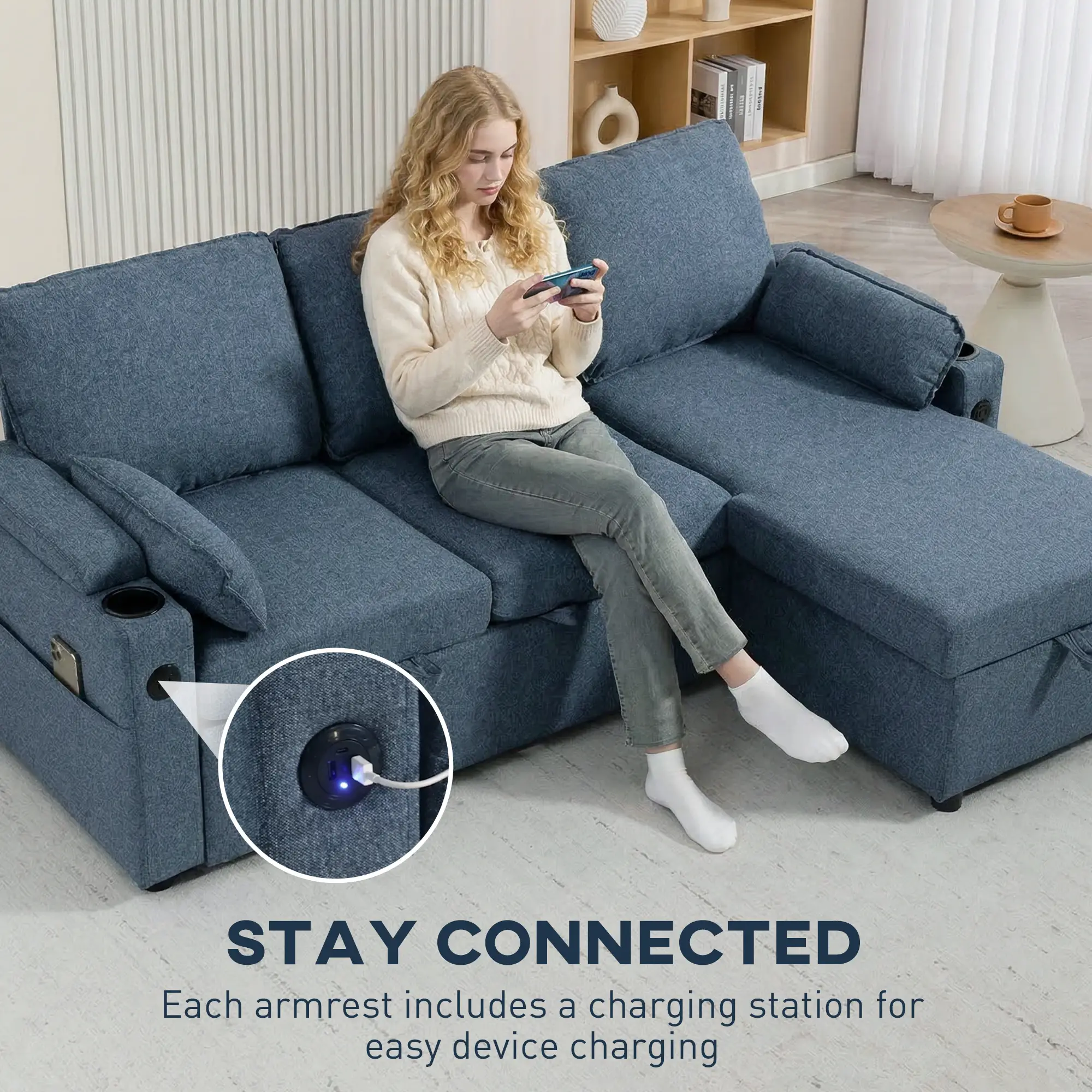 Corner Linen Sofa Bed 205 x 136.5 x 85cm - Blue - 8