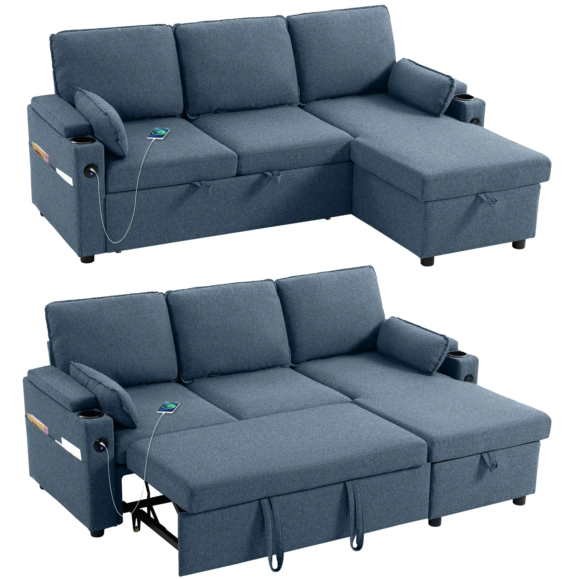 Corner Linen Sofa Bed 205 x 136.5 x 85cm - Blue - 10