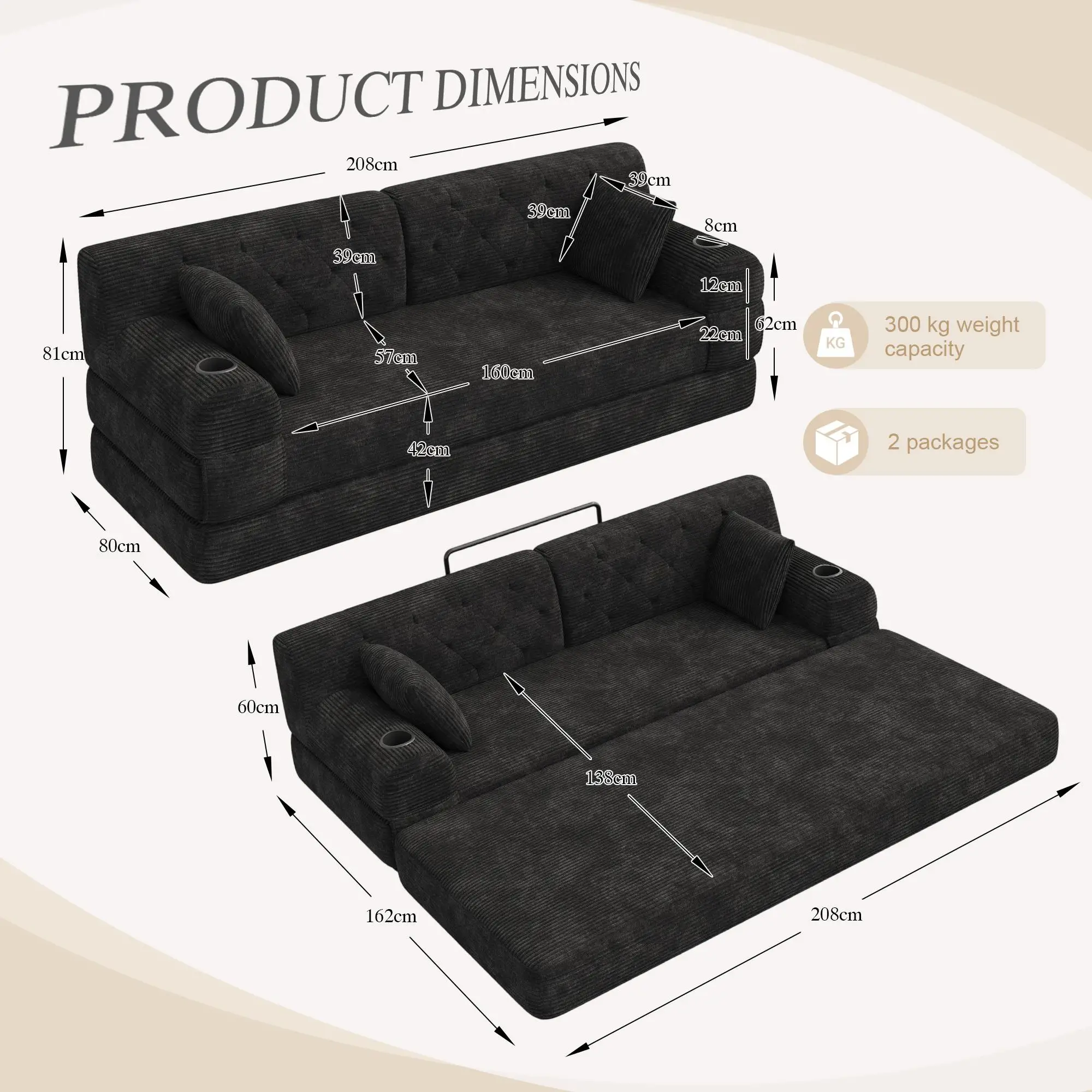Corduroy Sofa Bed 208 x 80 x 81cm - Black - 3