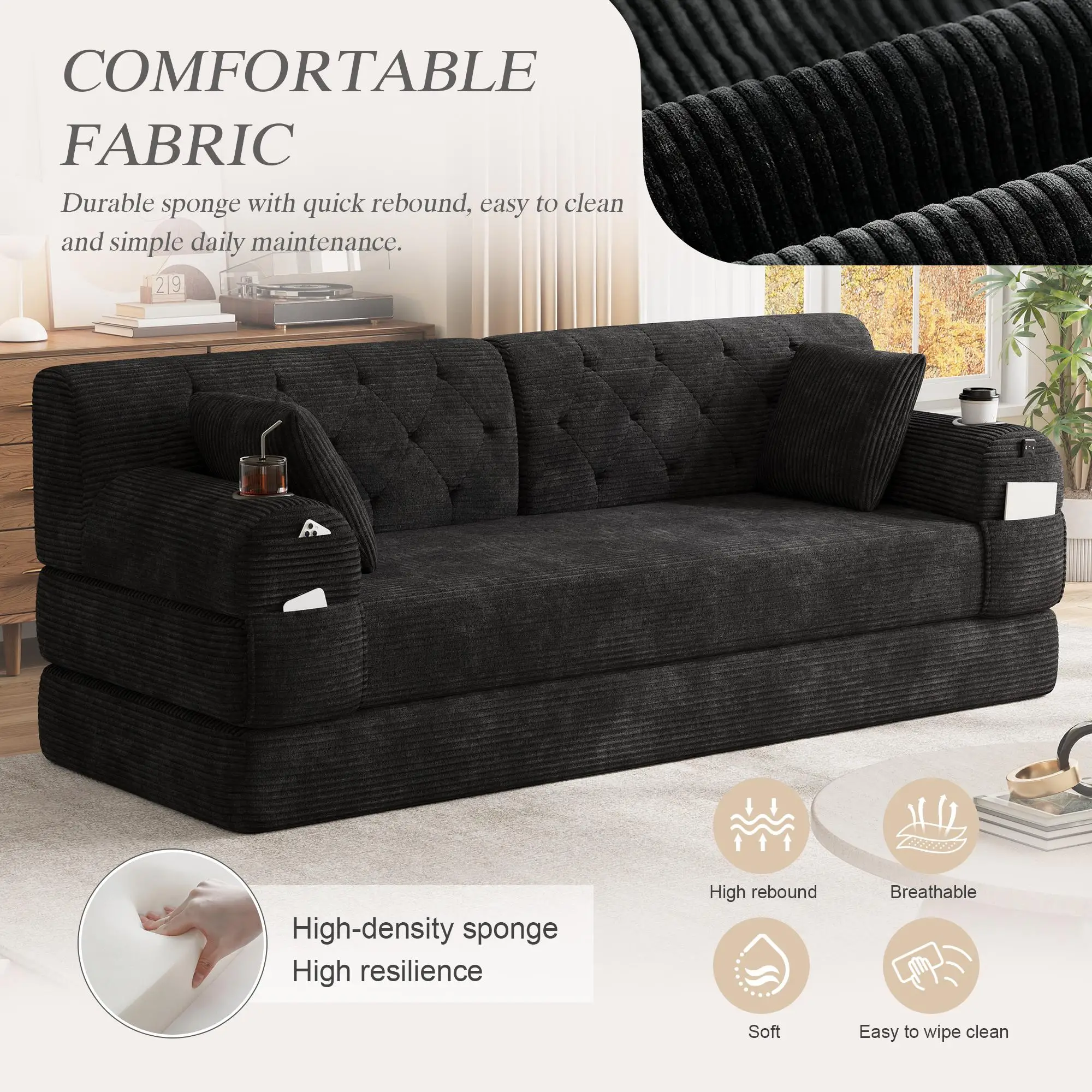 Corduroy Sofa Bed 208 x 80 x 81cm - Black - 4