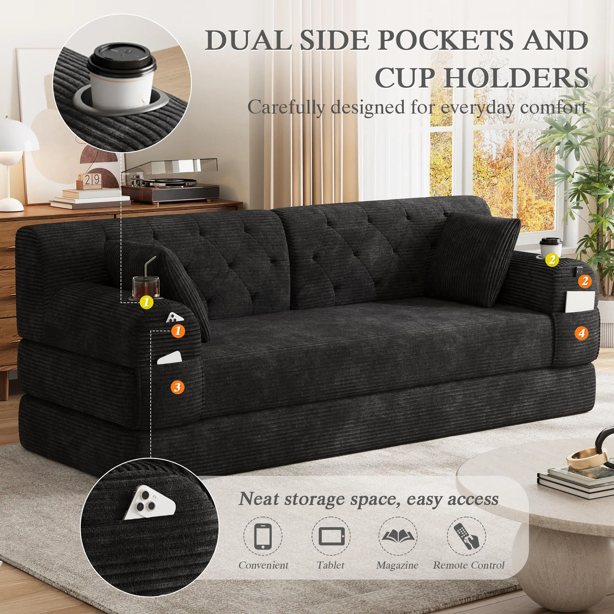 Corduroy Sofa Bed 208 x 80 x 81cm - Black - 5