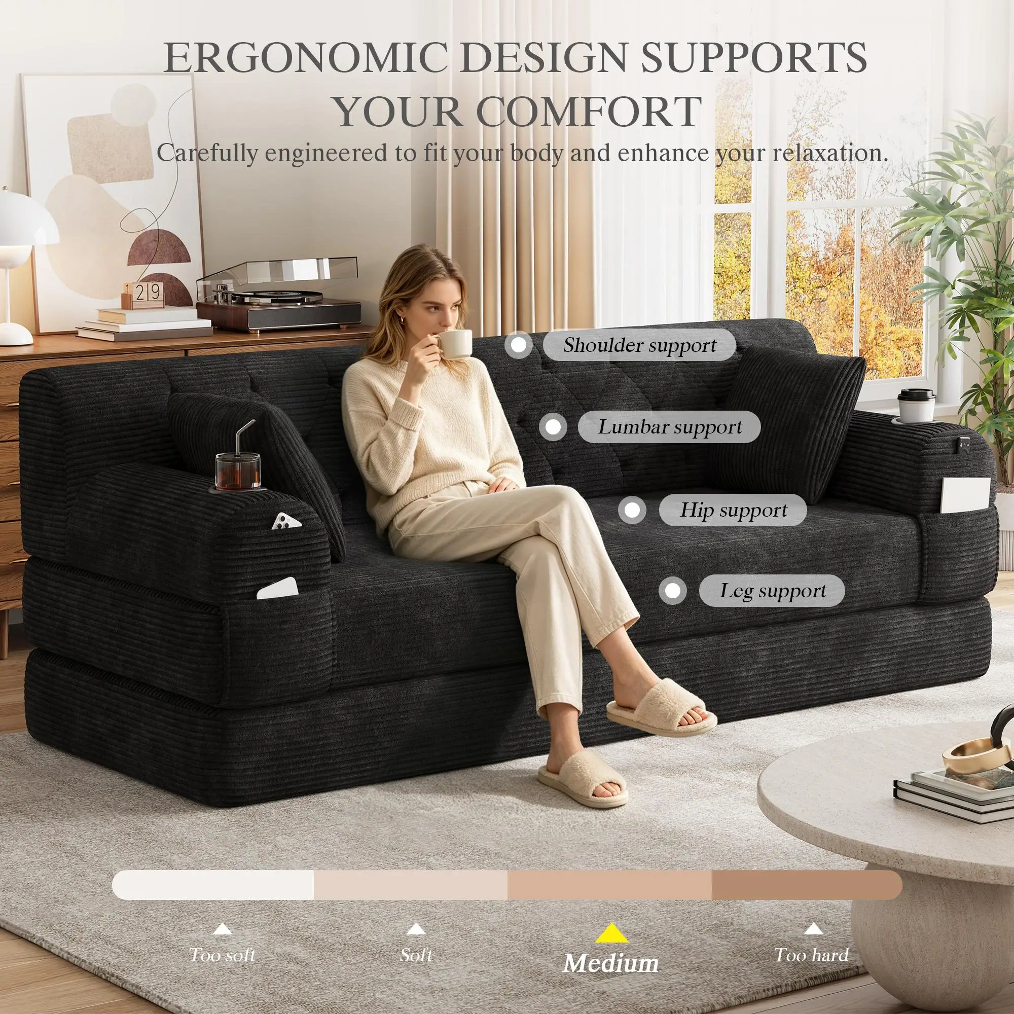 Corduroy Sofa Bed 208 x 80 x 81cm - Black - 6