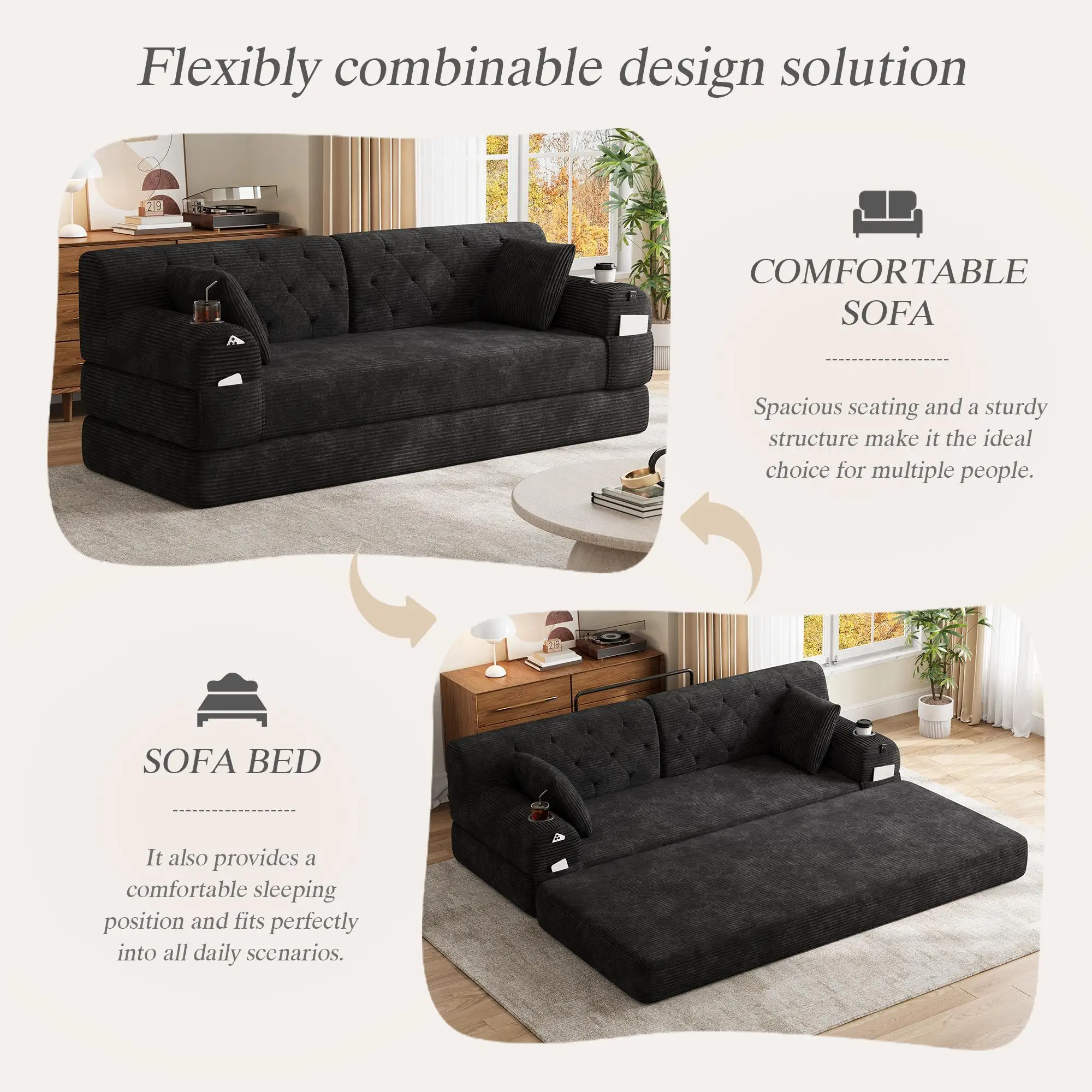 Corduroy Sofa Bed 208 x 80 x 81cm - Black - 7
