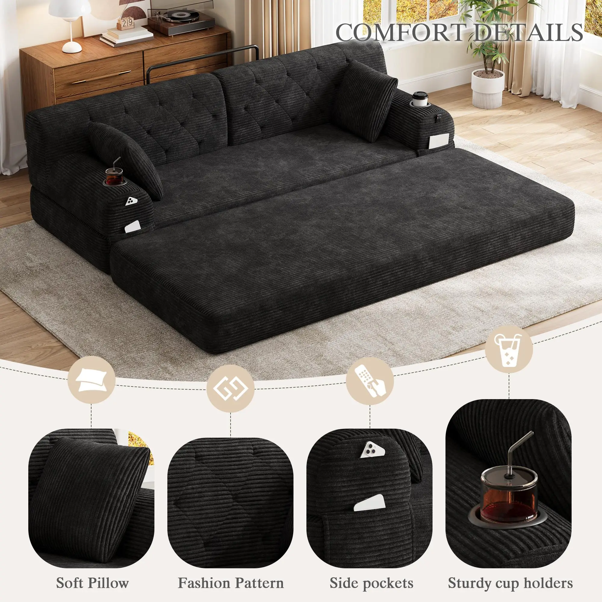Corduroy Sofa Bed 208 x 80 x 81cm - Black - 8