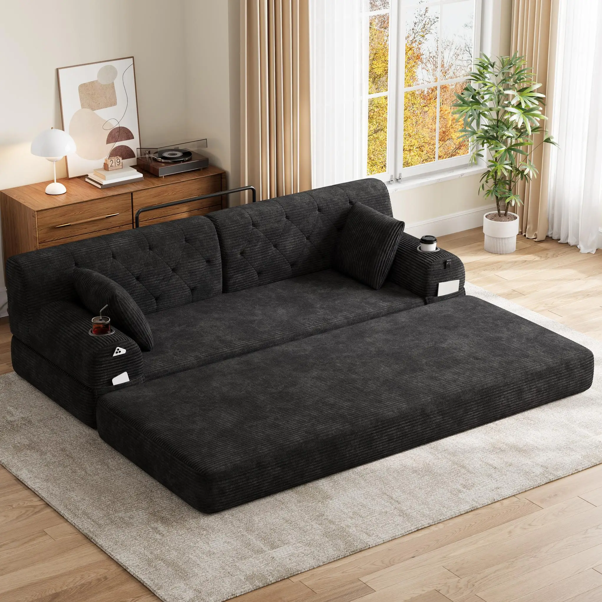 Corduroy Sofa Bed 208 x 80 x 81cm - Black - 9