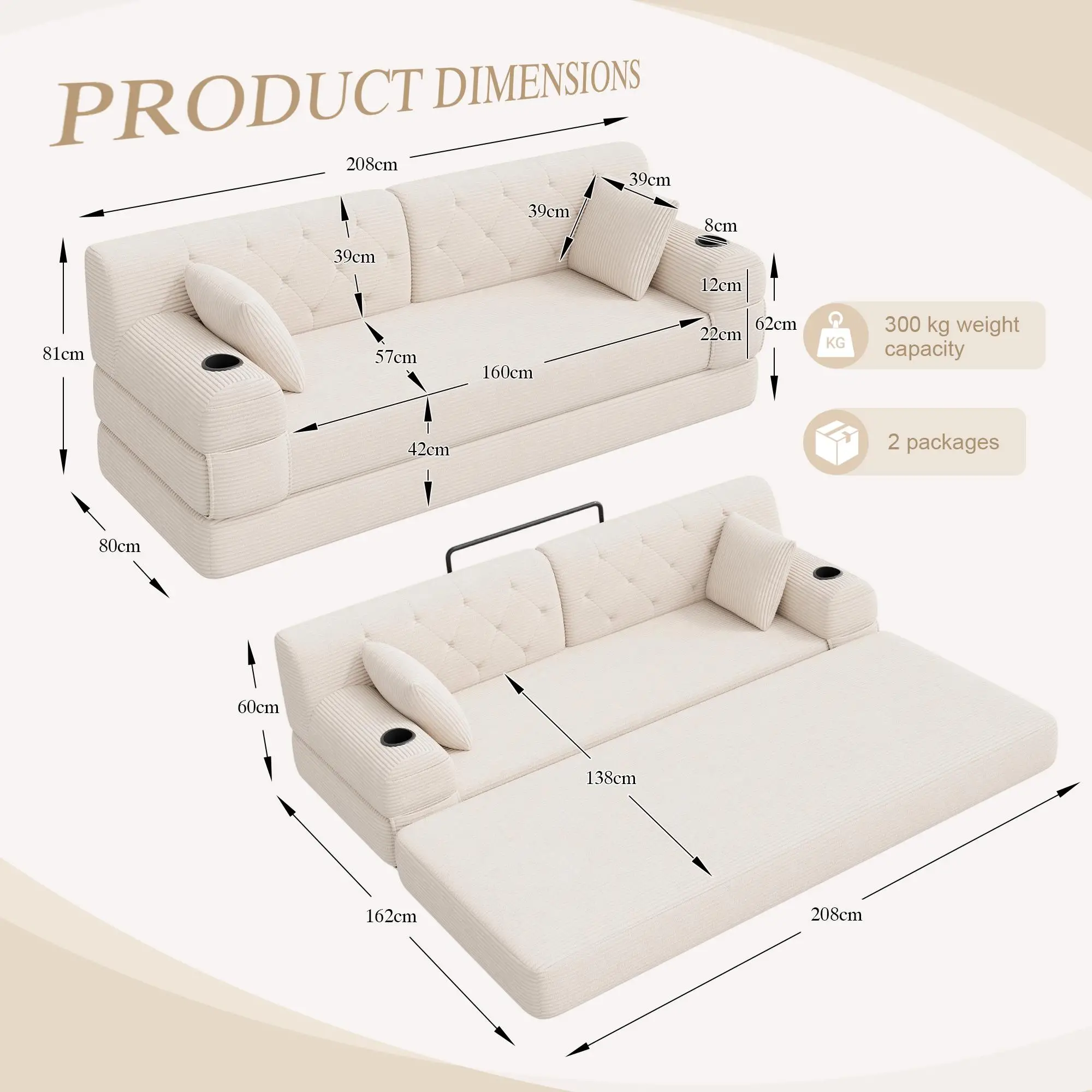 Corduroy Sofa Bed 208 x 80 x 81cm - Beige - 3