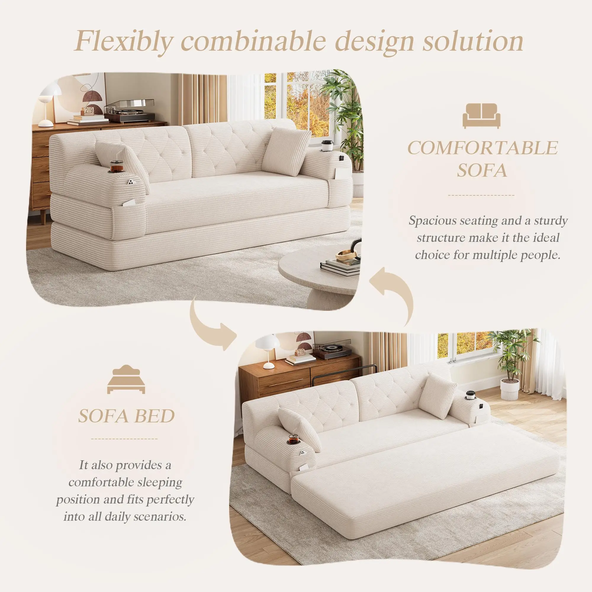 Corduroy Sofa Bed 208 x 80 x 81cm - Beige - 4