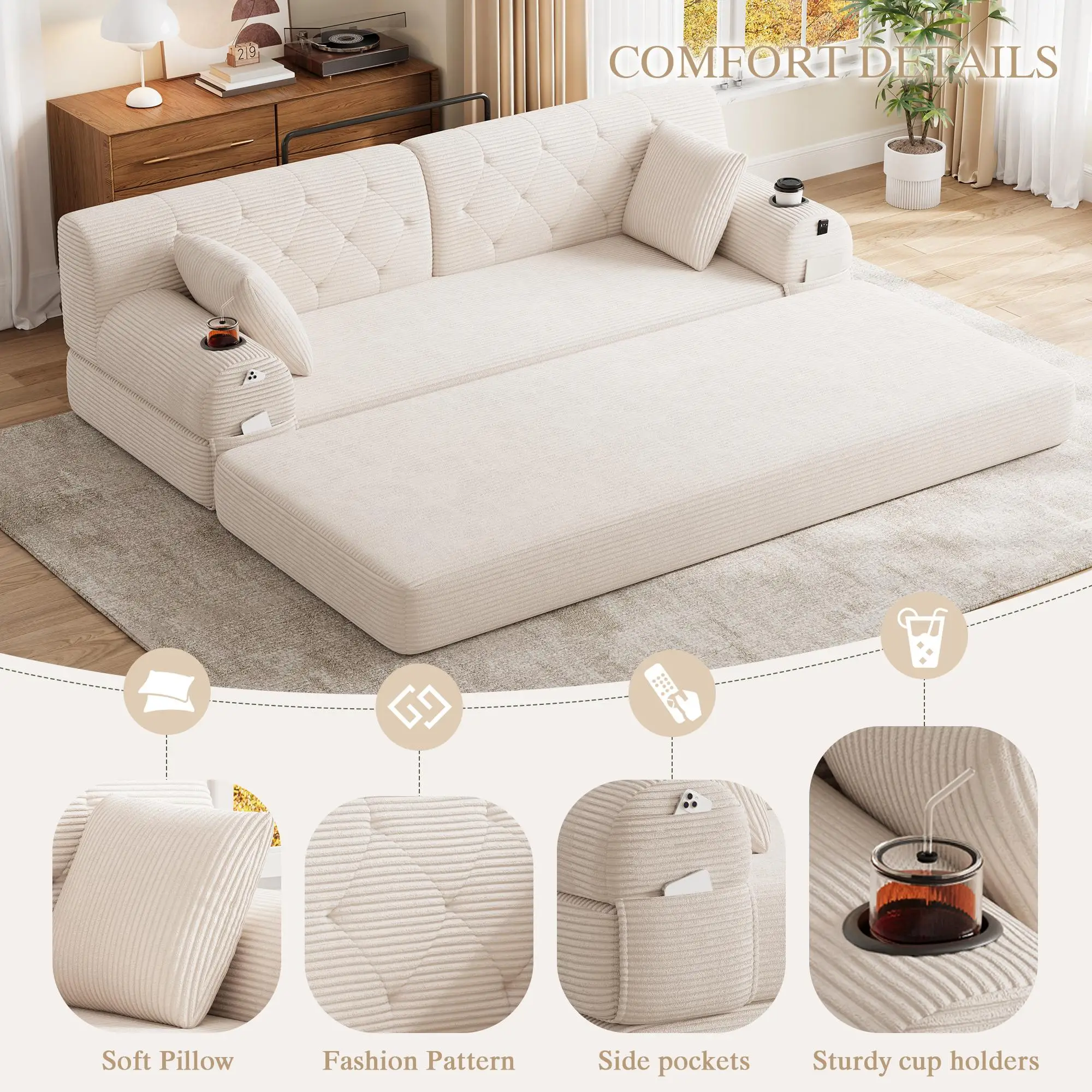 Corduroy Sofa Bed 208 x 80 x 81cm - Beige - 5