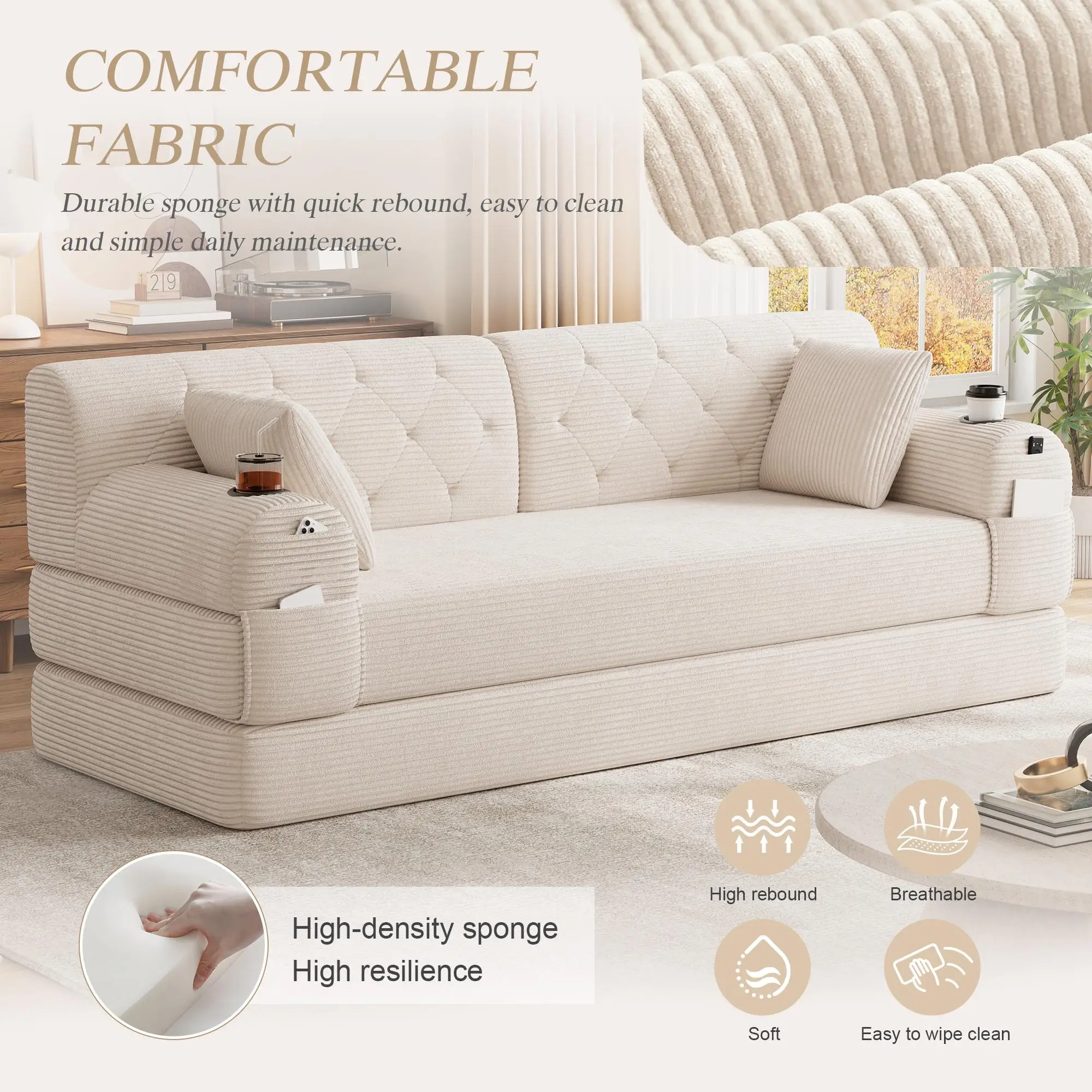Corduroy Sofa Bed 208 x 80 x 81cm - Beige - 6