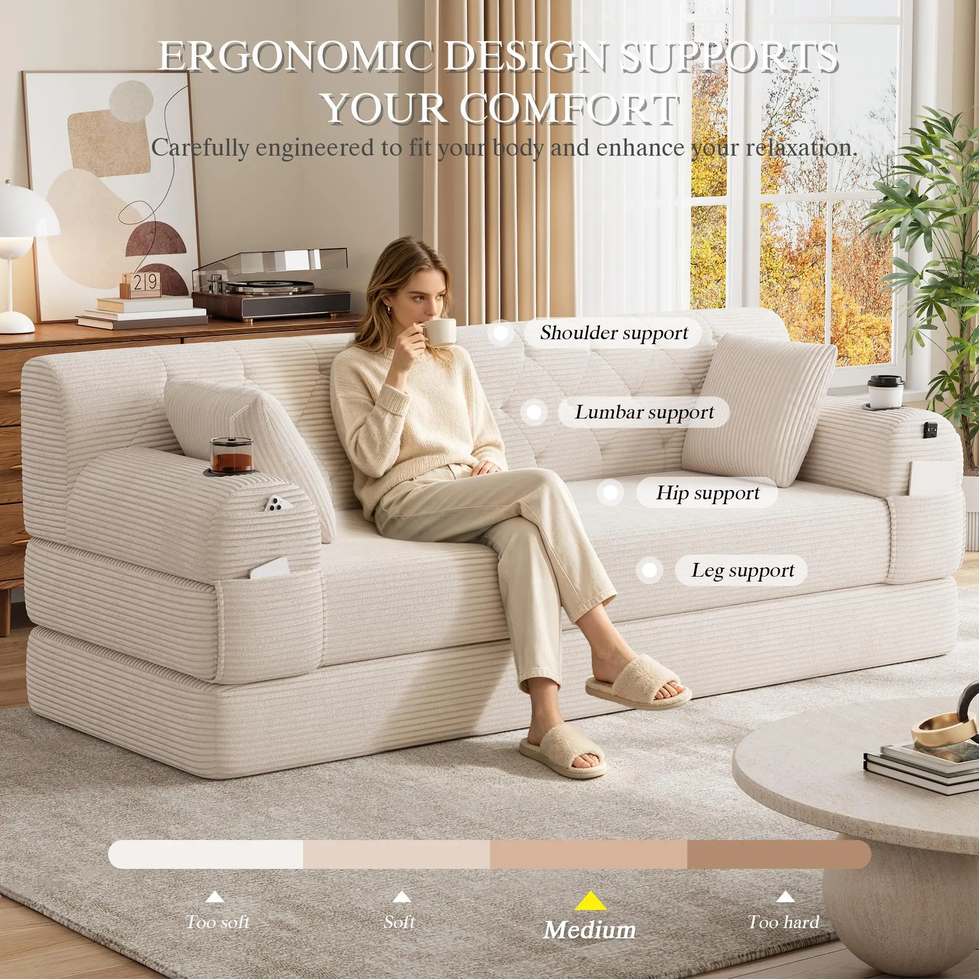 Corduroy Sofa Bed 208 x 80 x 81cm - Beige - 7