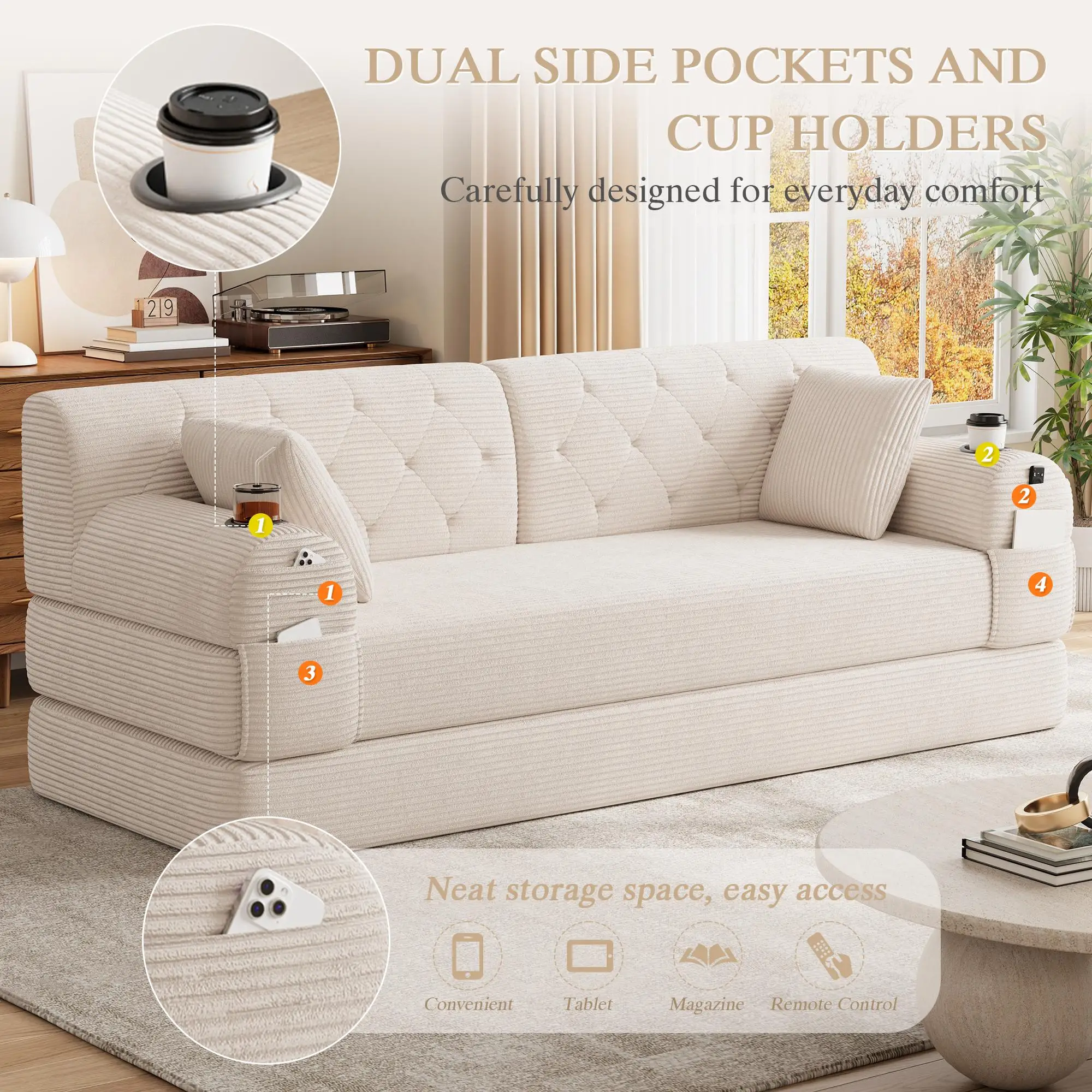 Corduroy Sofa Bed 208 x 80 x 81cm - Beige - 8