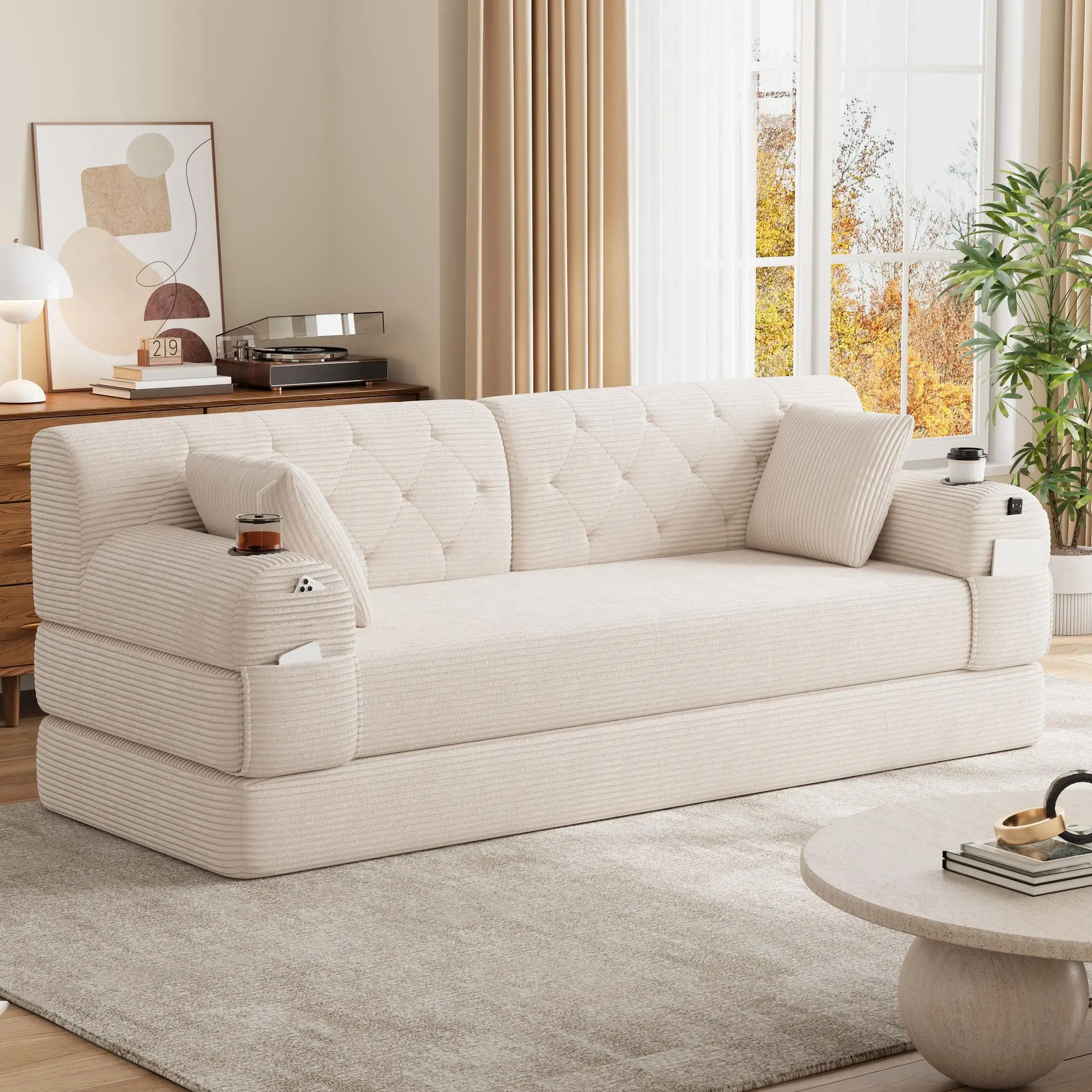 Corduroy Sofa Bed 208 x 80 x 81cm - Beige - 9