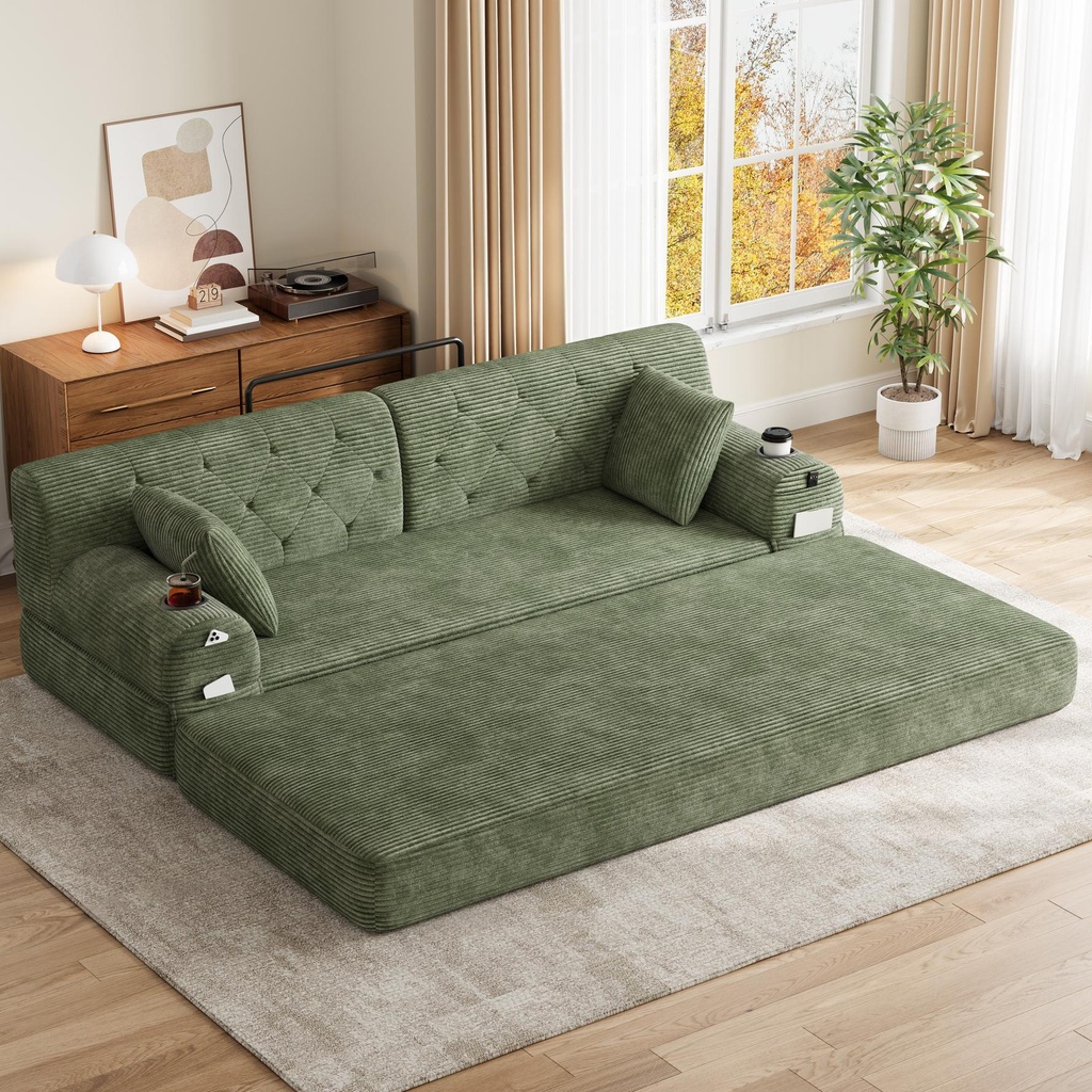 Corduroy Sofa Bed 208 x 80 x 81cm - Green - 1