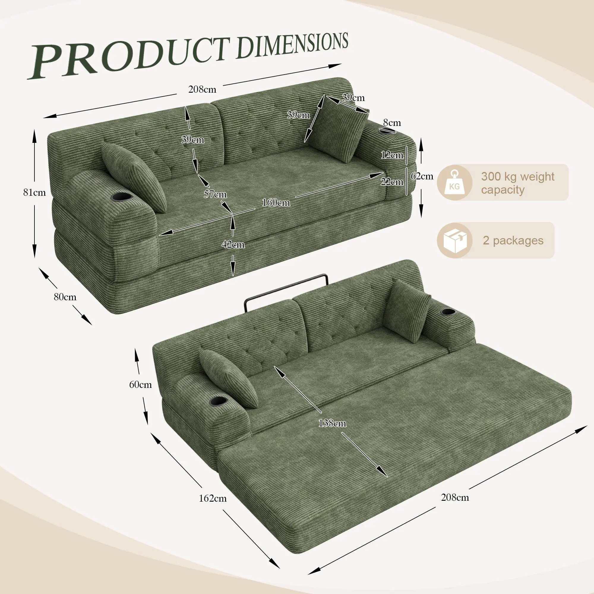 Corduroy Sofa Bed 208 x 80 x 81cm - Green - 3