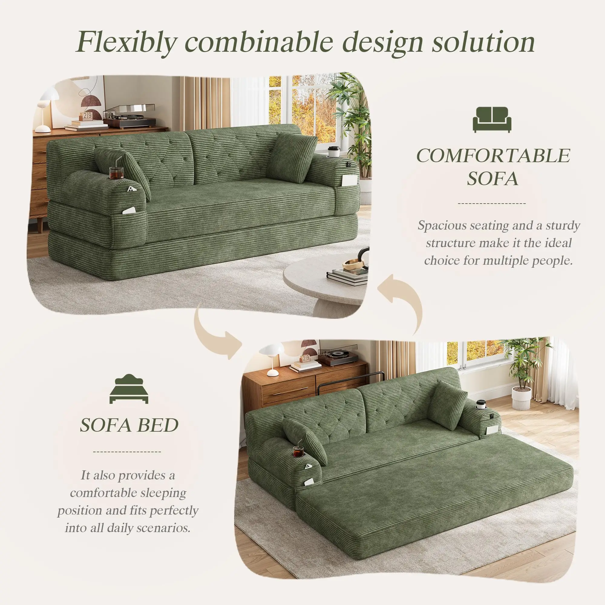 Corduroy Sofa Bed 208 x 80 x 81cm - Green - 4