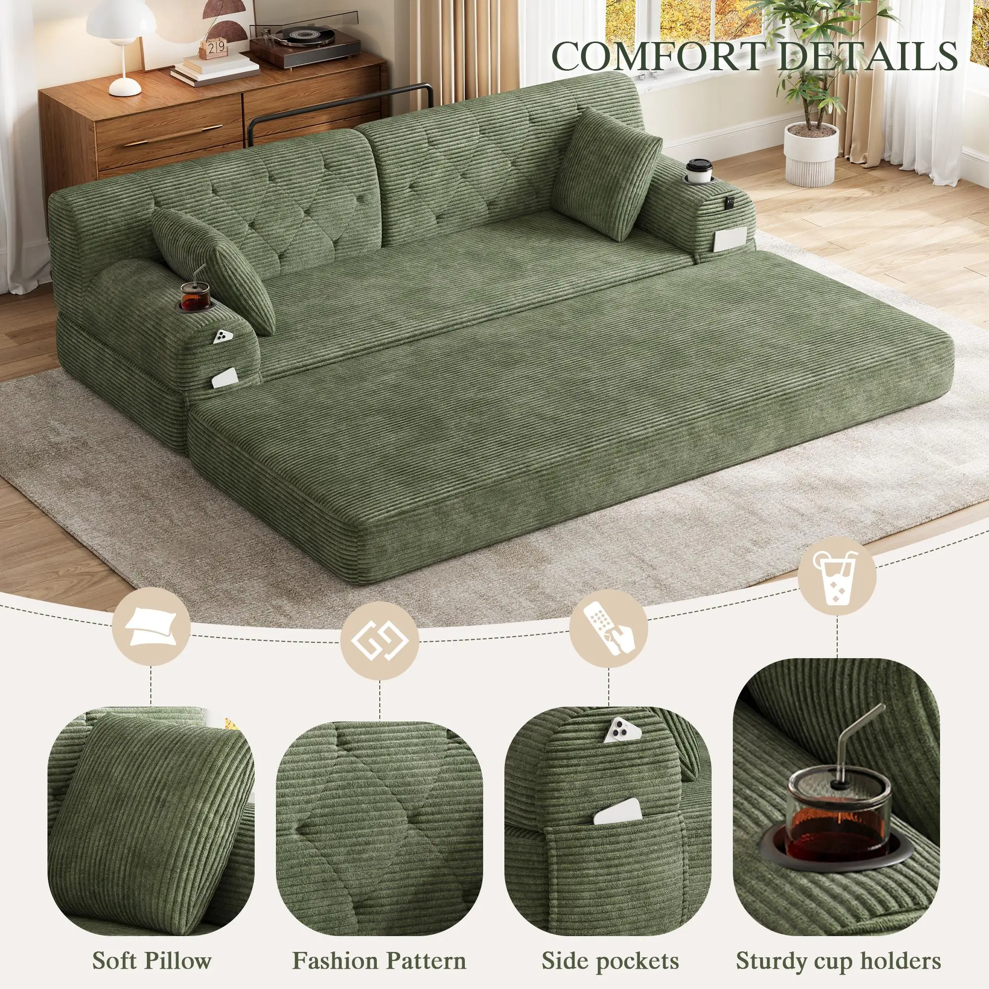 Corduroy Sofa Bed 208 x 80 x 81cm - Green - 5
