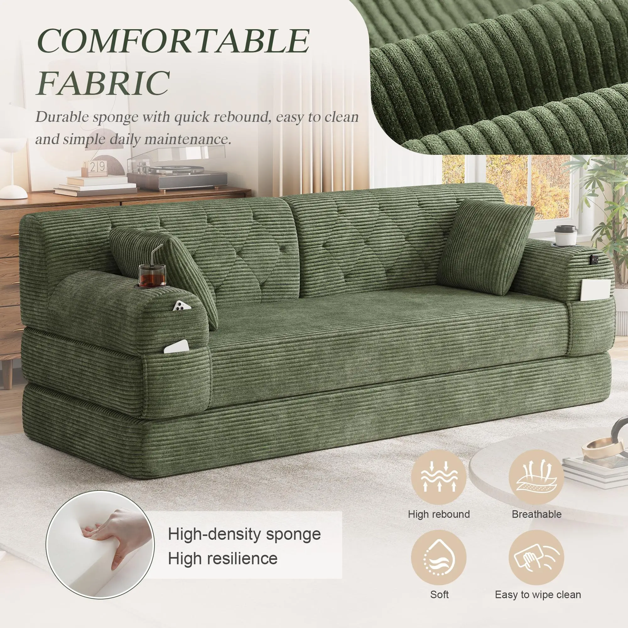 Corduroy Sofa Bed 208 x 80 x 81cm - Green - 6
